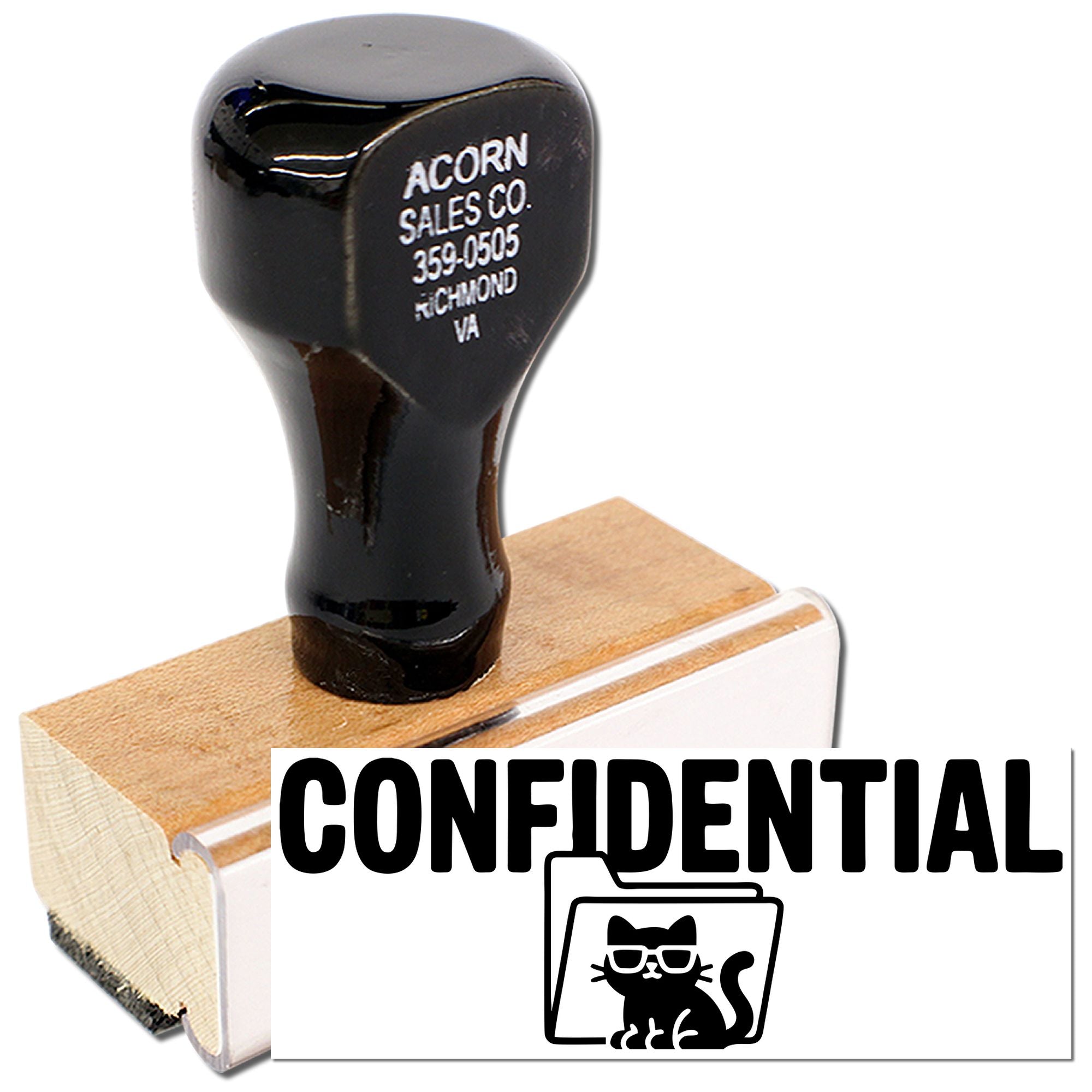 Confidential rubber stamp on wooden handle for marking sensitive documents and office files.