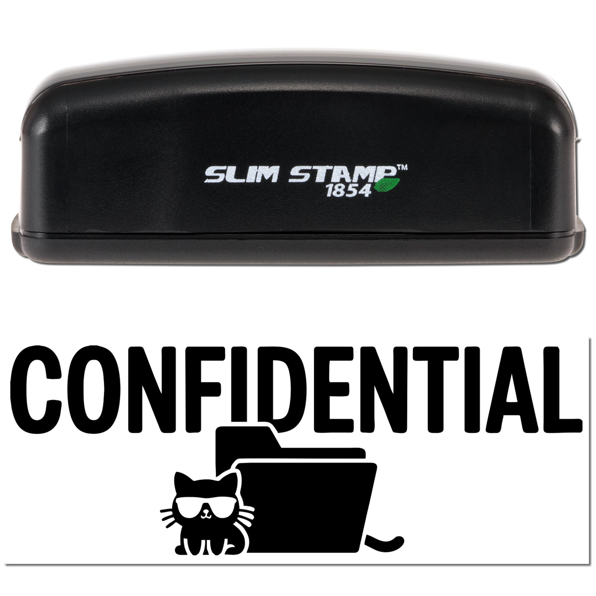 Confidential rubber stamp with folder and cat icon for marking secure office documents.