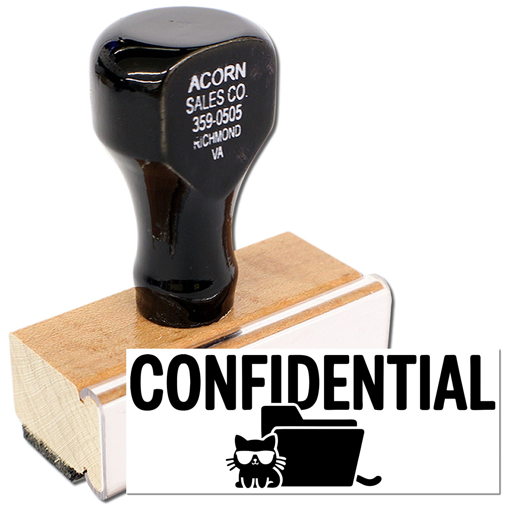 Custom Confidential rubber stamp with cat and folder icon, mounted on a wooden block for secure office document marking.
