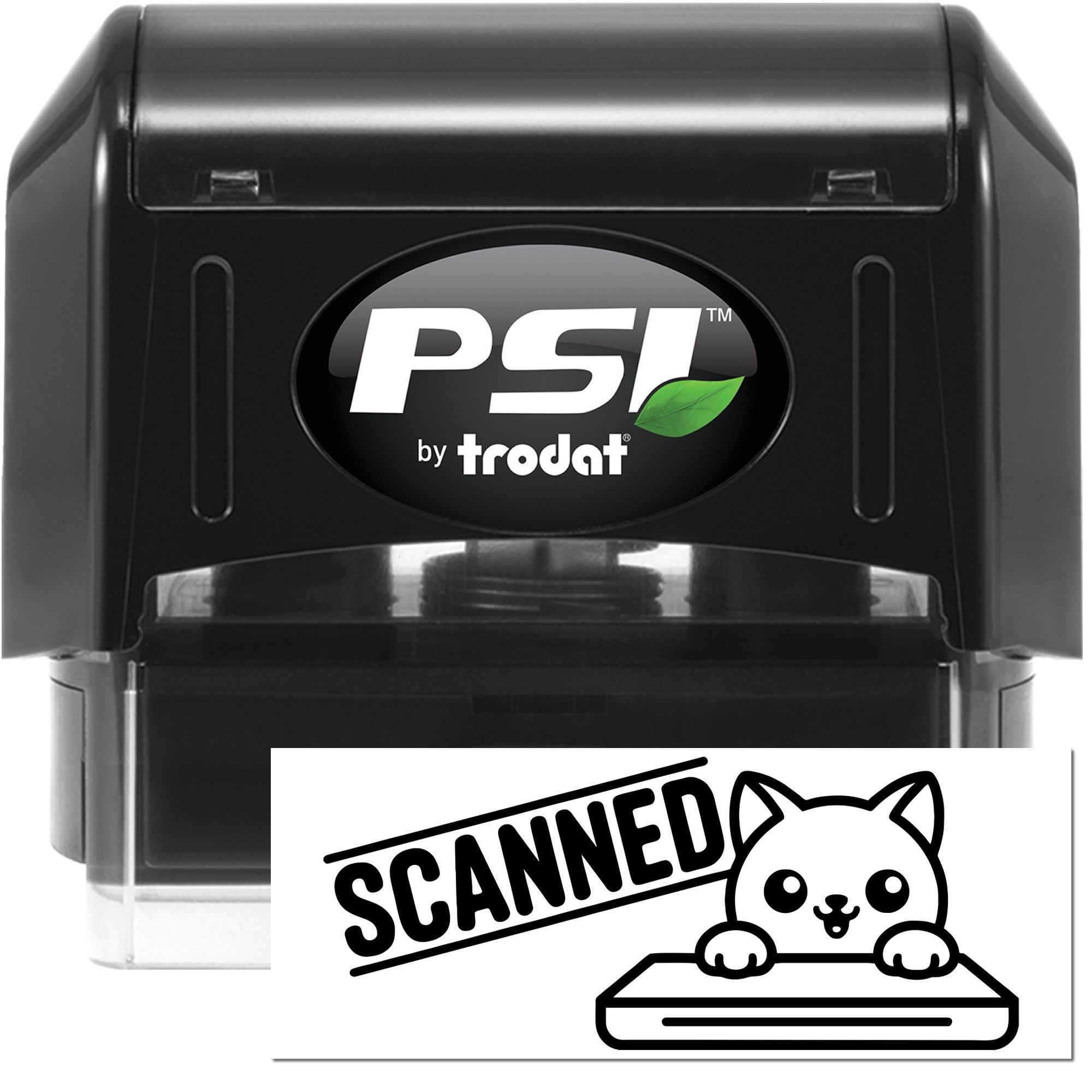 PSI by Trodat self-inking rubber stamp with Scanned cat design for office document marking.