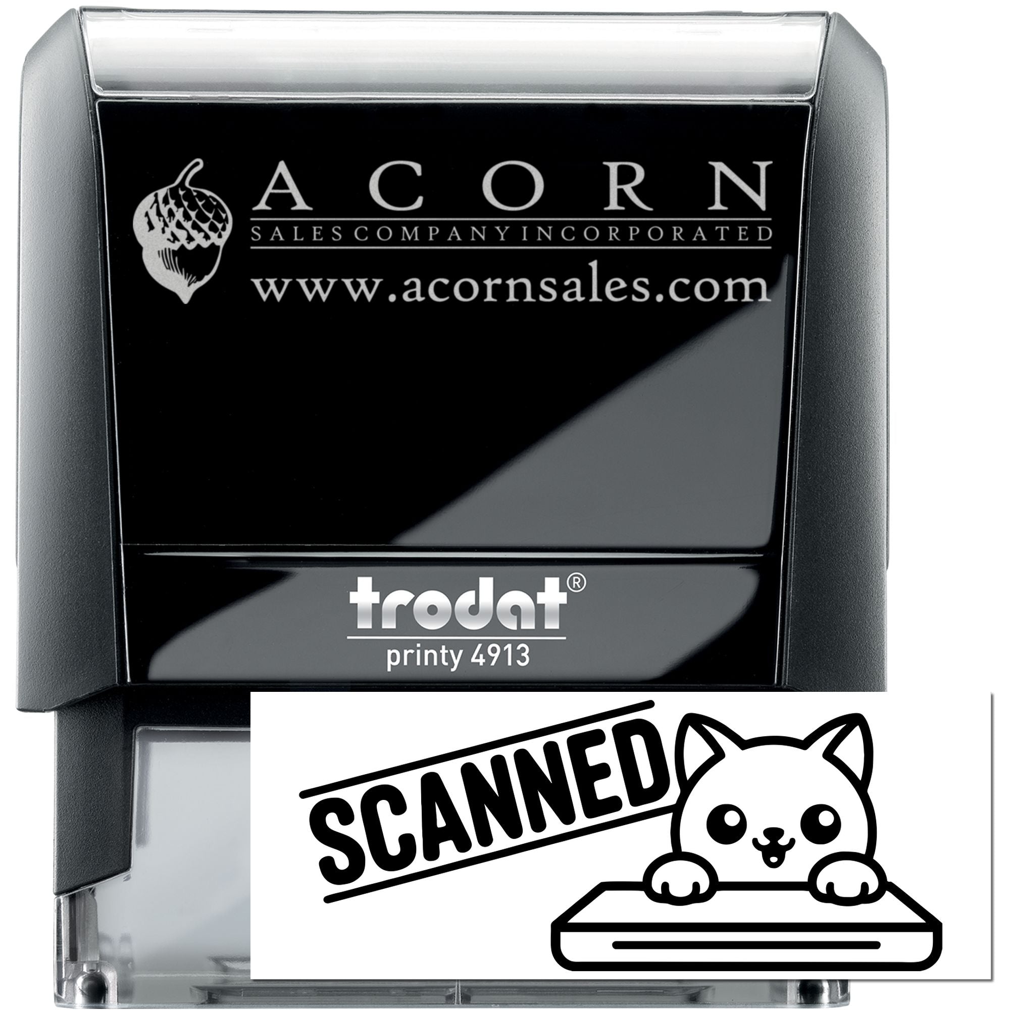 Trodat Printy 4913 custom self-inking rubber stamp with Acorn Sales logo and SCANNED cat stamp impression
