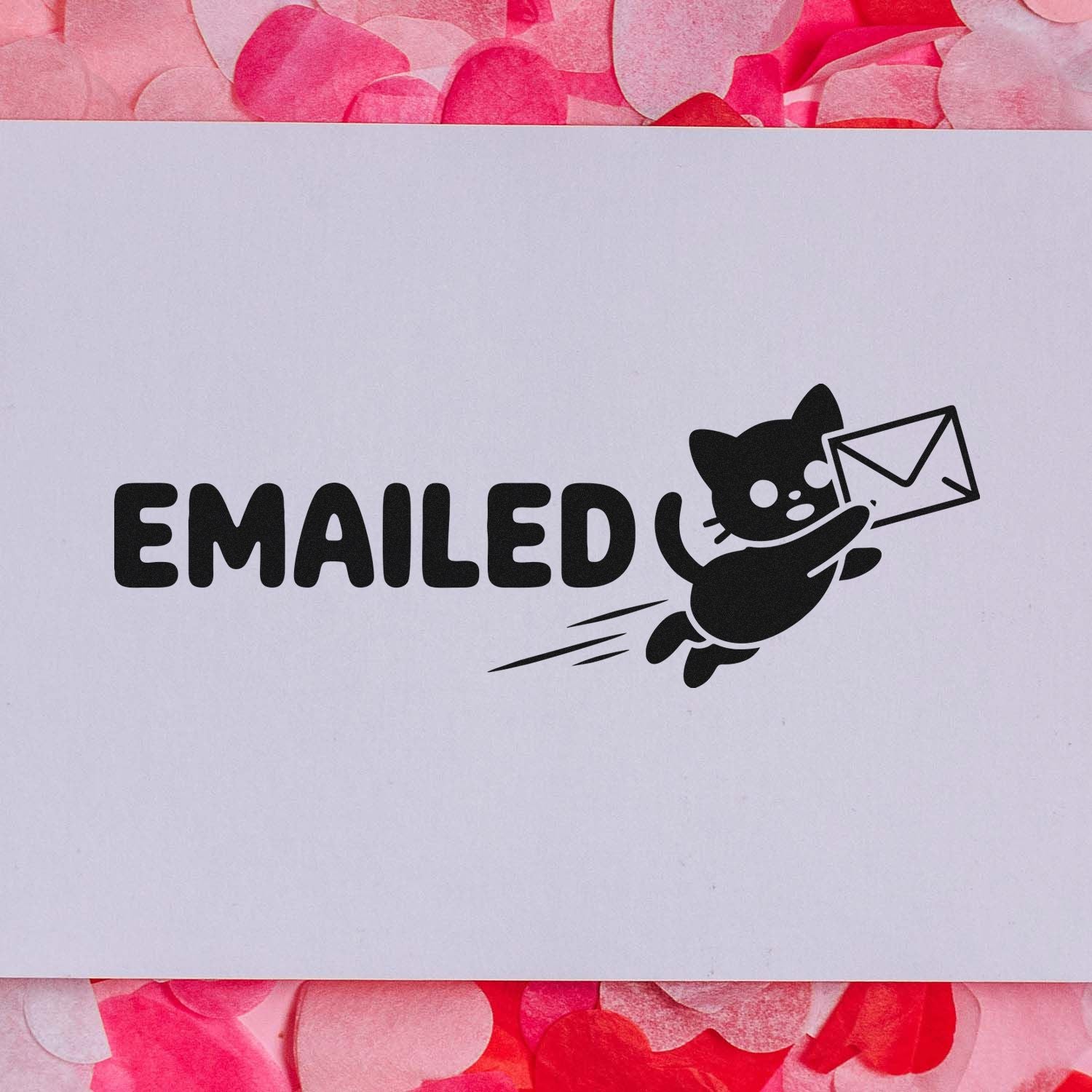 Custom rubber stamp with Emailed cat carrying an envelope for office mail tracking and organization