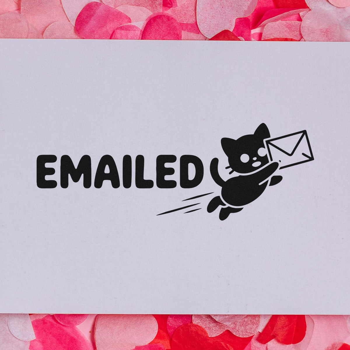 Emailed rubber stamp with cat and envelope icon for office mail tracking, document processing, and correspondence.