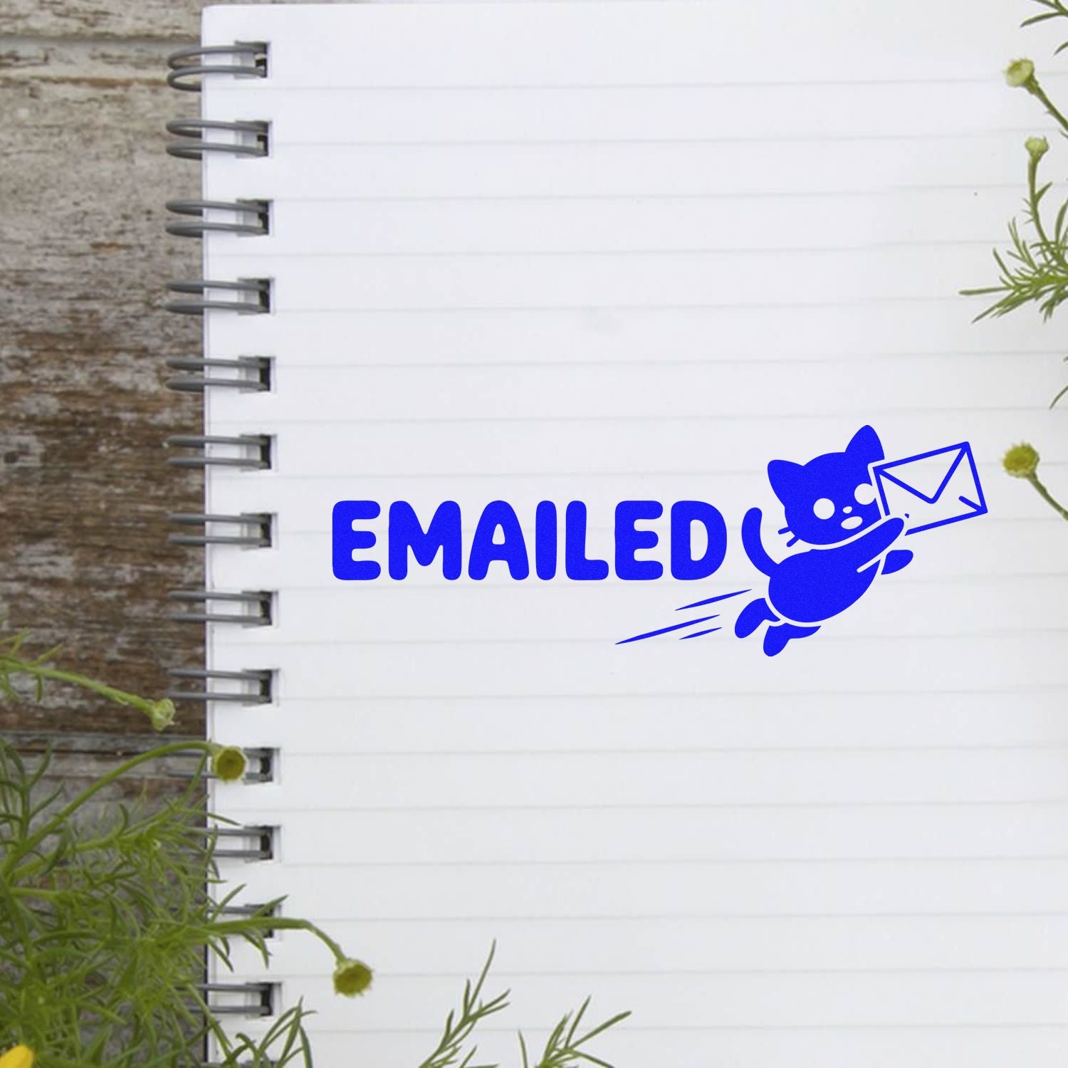 Blue Emailed rubber stamp with cat and envelope icon for office mail tracking and organization.