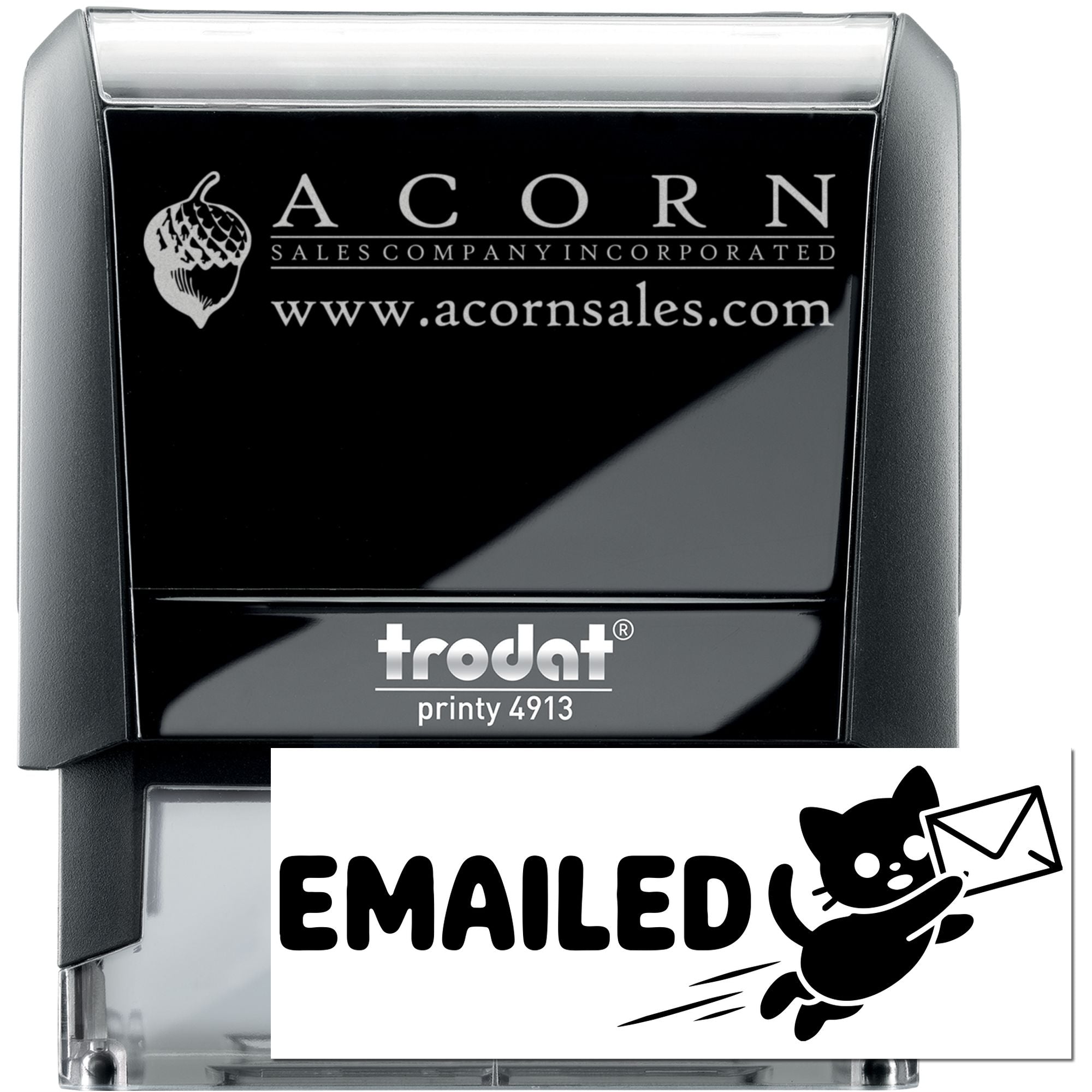 Custom Trodat Printy 4913 self-inking rubber stamp with Acorn Sales logo, website, and emailed message for business mail.
