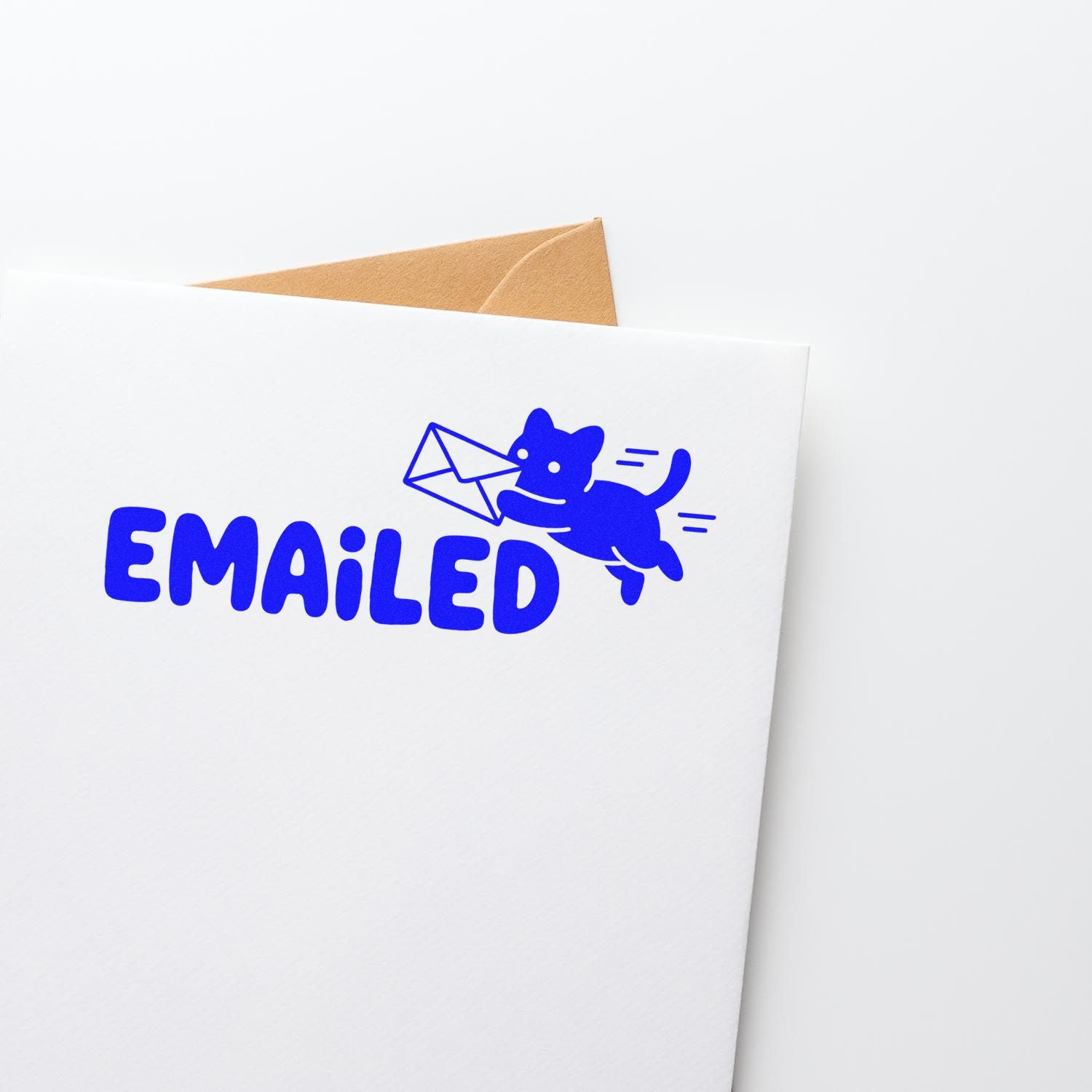 Blue rubber stamp design with cat delivering an envelope and Emailed text for office mail tracking and paperwork.