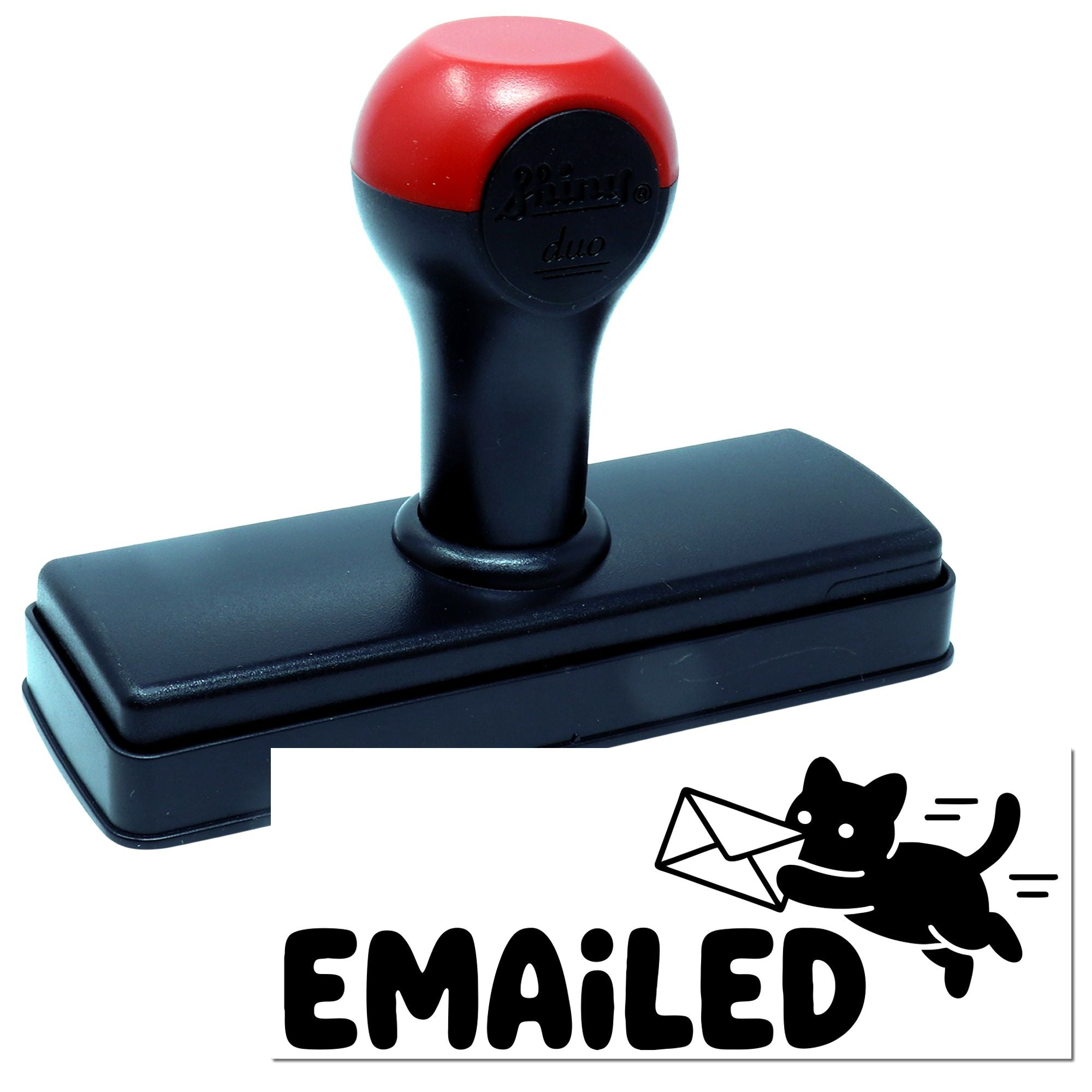 Self-inking rubber stamp with Emailed imprint for office document tracking and mail processing.
