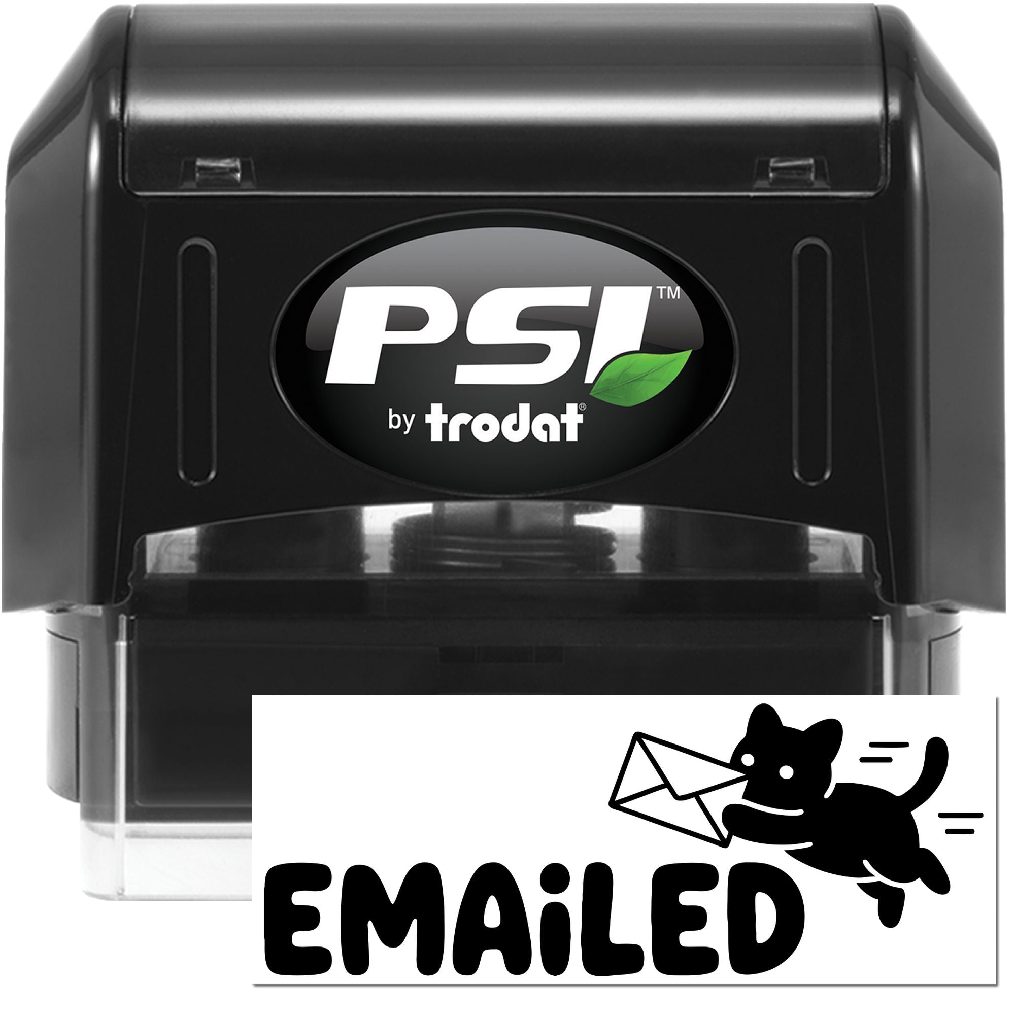 PSI by Trodat self-inking rubber stamp with Emailed imprint for office document tracking.