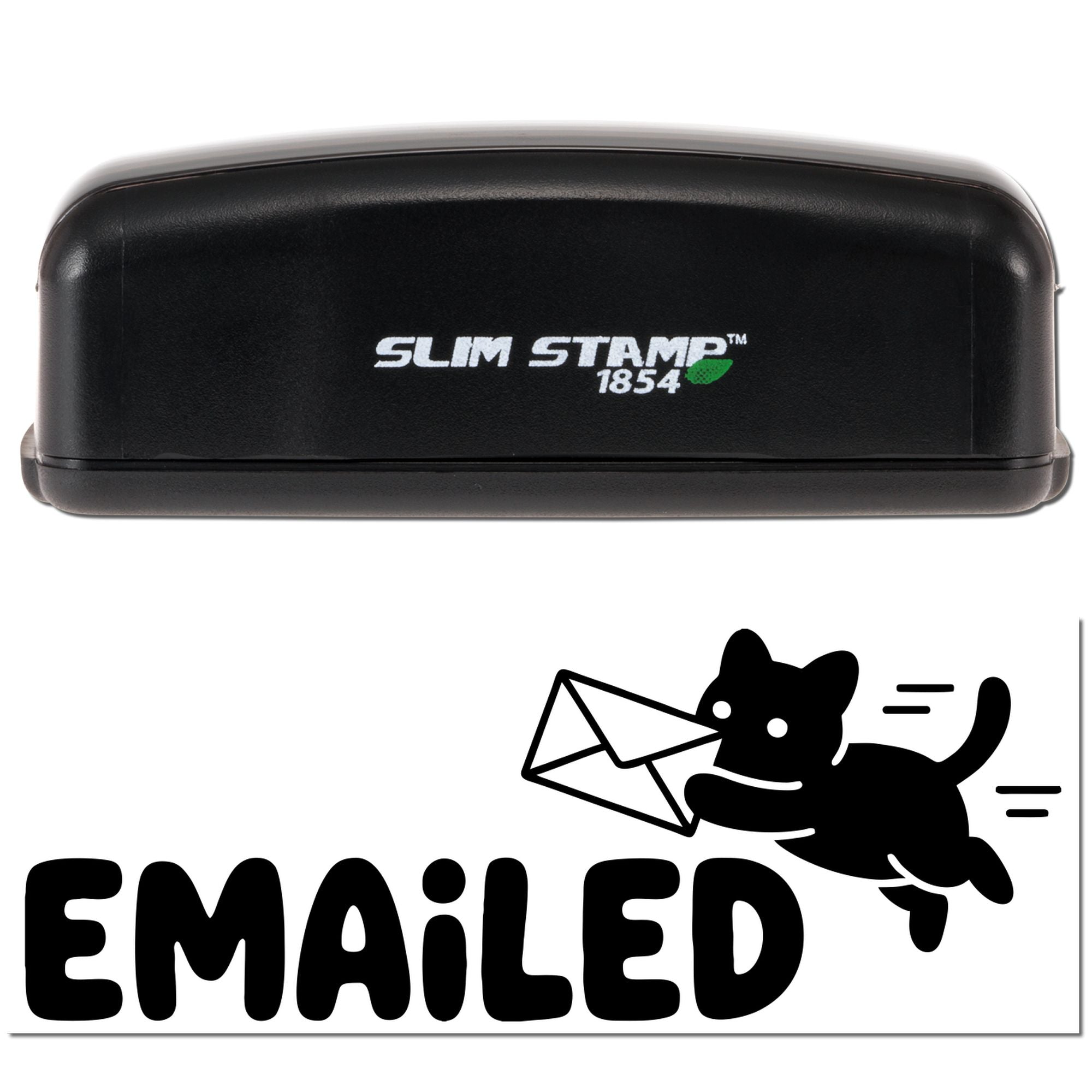 Slim Stamp 1854 self-inking rubber stamp with Emailed cat and envelope design for office document labeling.