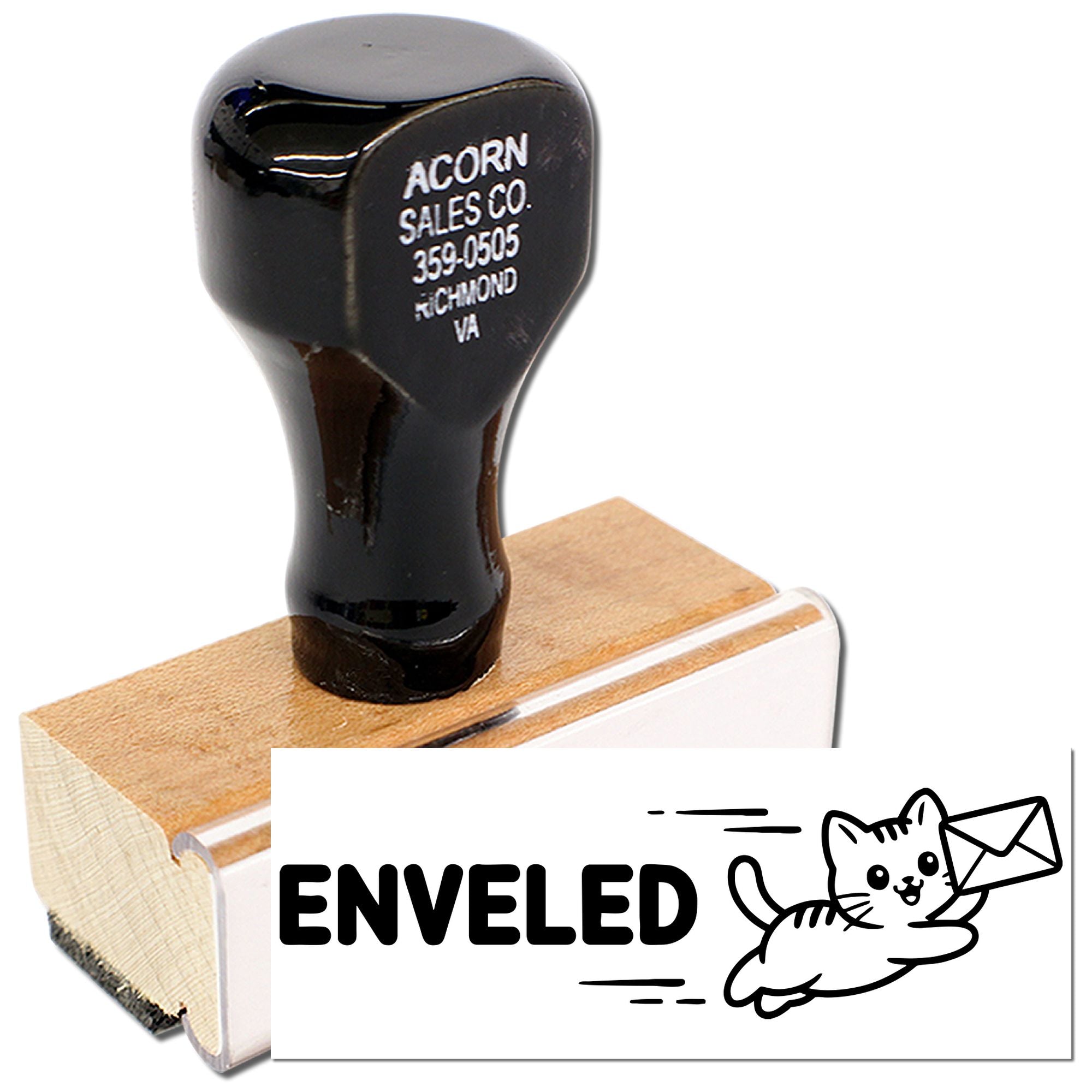 Rubber stamp with cat-and-envelope graphic and ENVELED text, perfect for mailing, packaging, and stationery.
