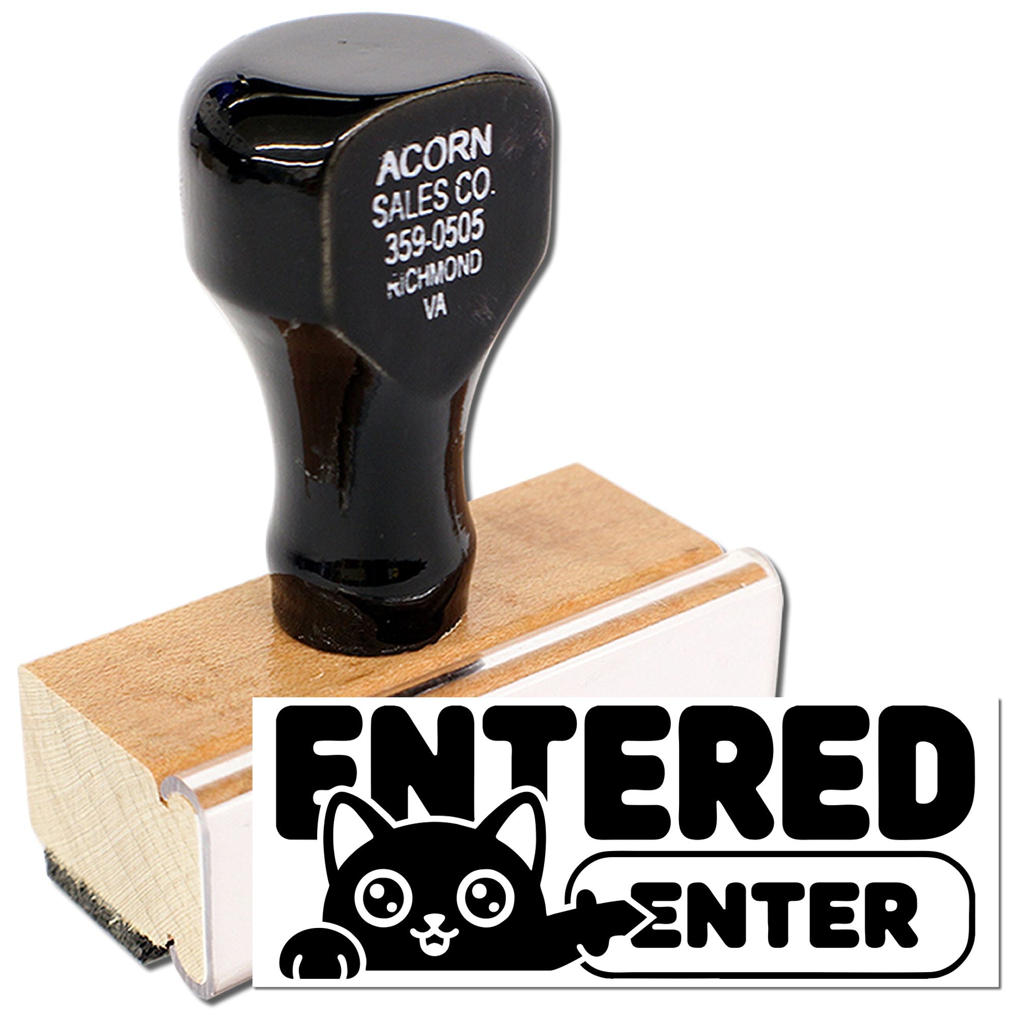 Custom ENTERED rubber stamp with wood handle for marking documents, sales orders, and mail with a clear approval imprint.