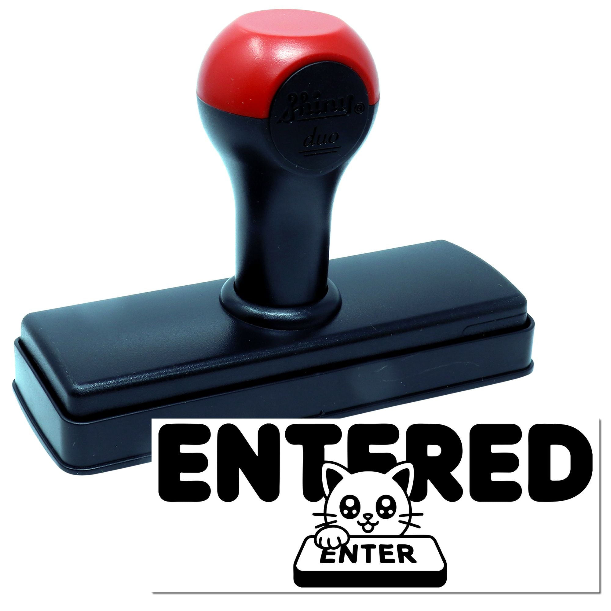 Self-inking rubber stamp with ENTERED cat design for office document approval and filing.