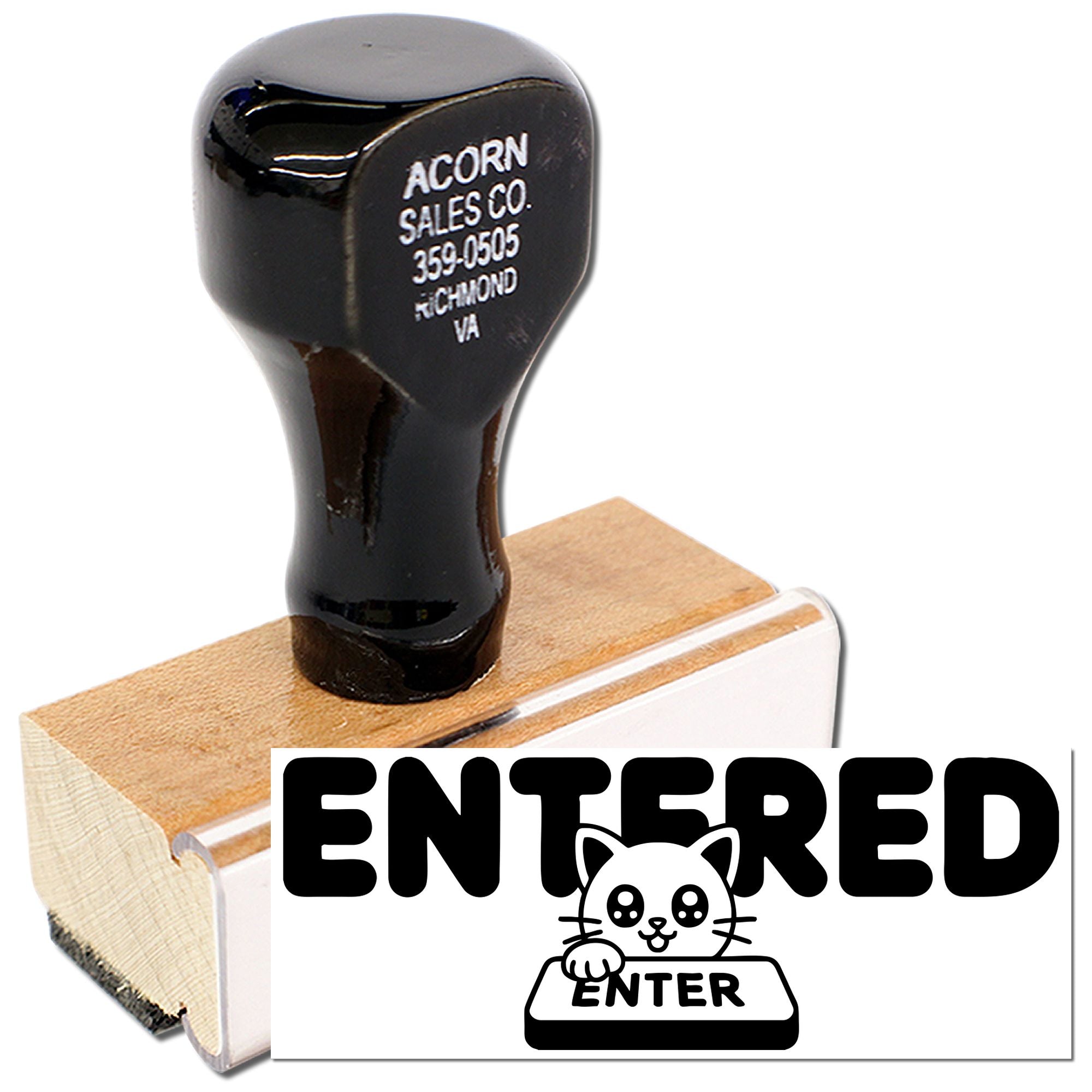 Entered cat rubber stamp for office documents, with bold ENTERED text and a cute feline design for recordkeeping and approvals.