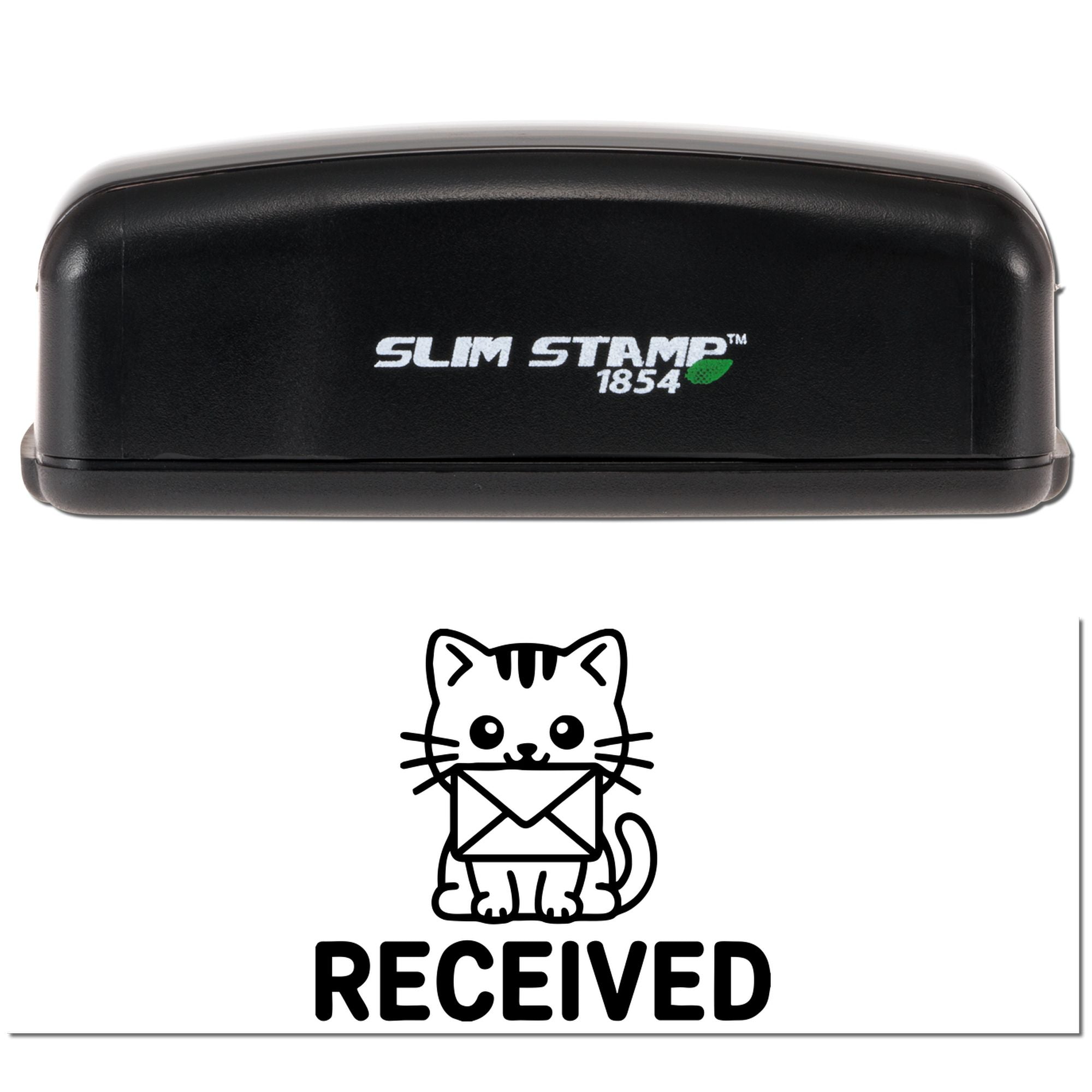 Self-inking RECEIVED rubber stamp with cat holding envelope design, ideal for office mail and package handling