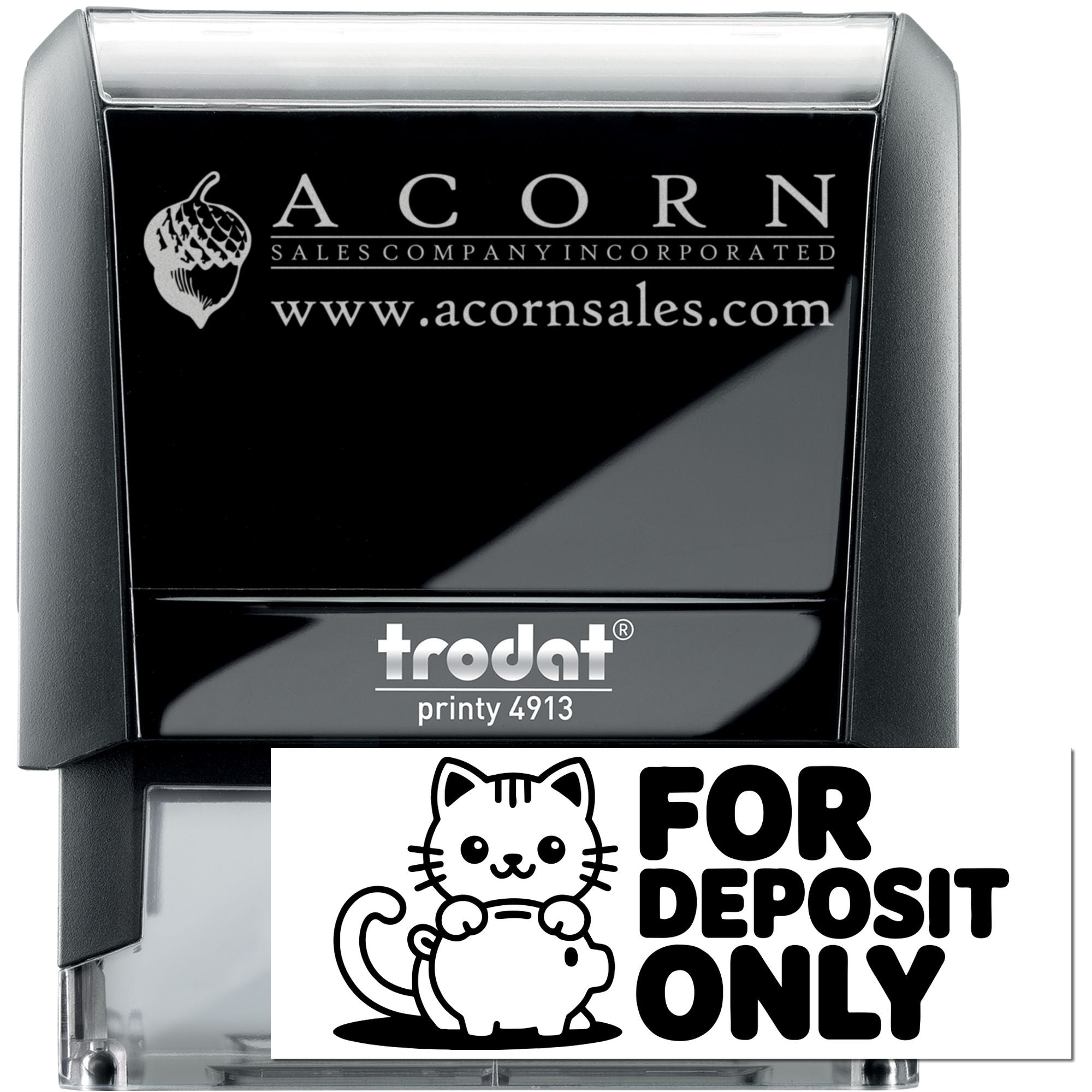 Custom self-inking rubber stamp for business branding, featuring Acorn Sales logo, website, and For Deposit Only design.