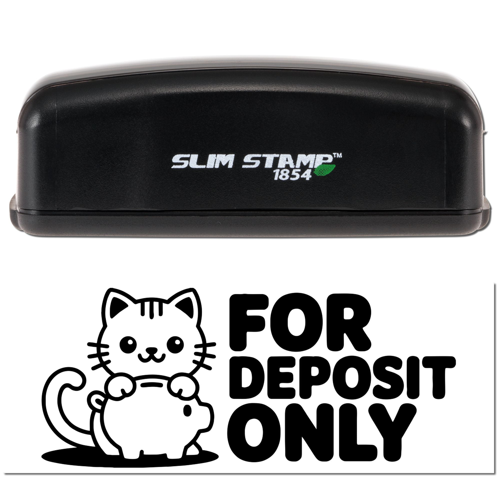 Slim Stamp 1854 self-inking rubber stamp with custom For Deposit Only cat and piggy bank imprint for banking deposits.
