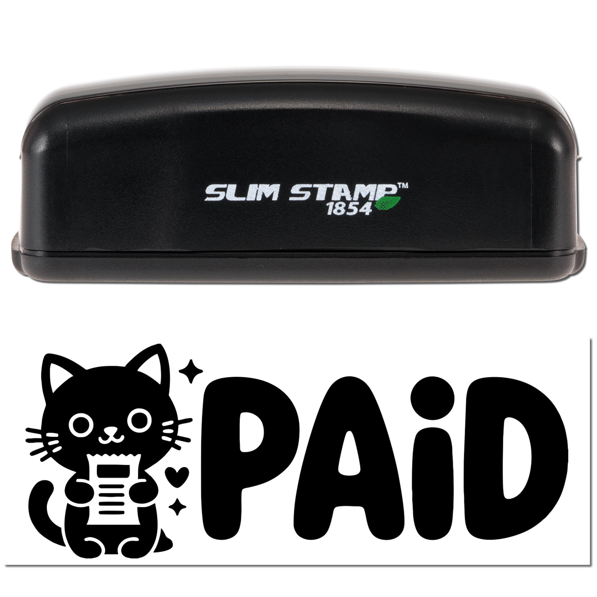 Self-inking Slim Stamp 1854 rubber stamp with cute cat and PAID design for marking invoices, receipts, and paperwork.
