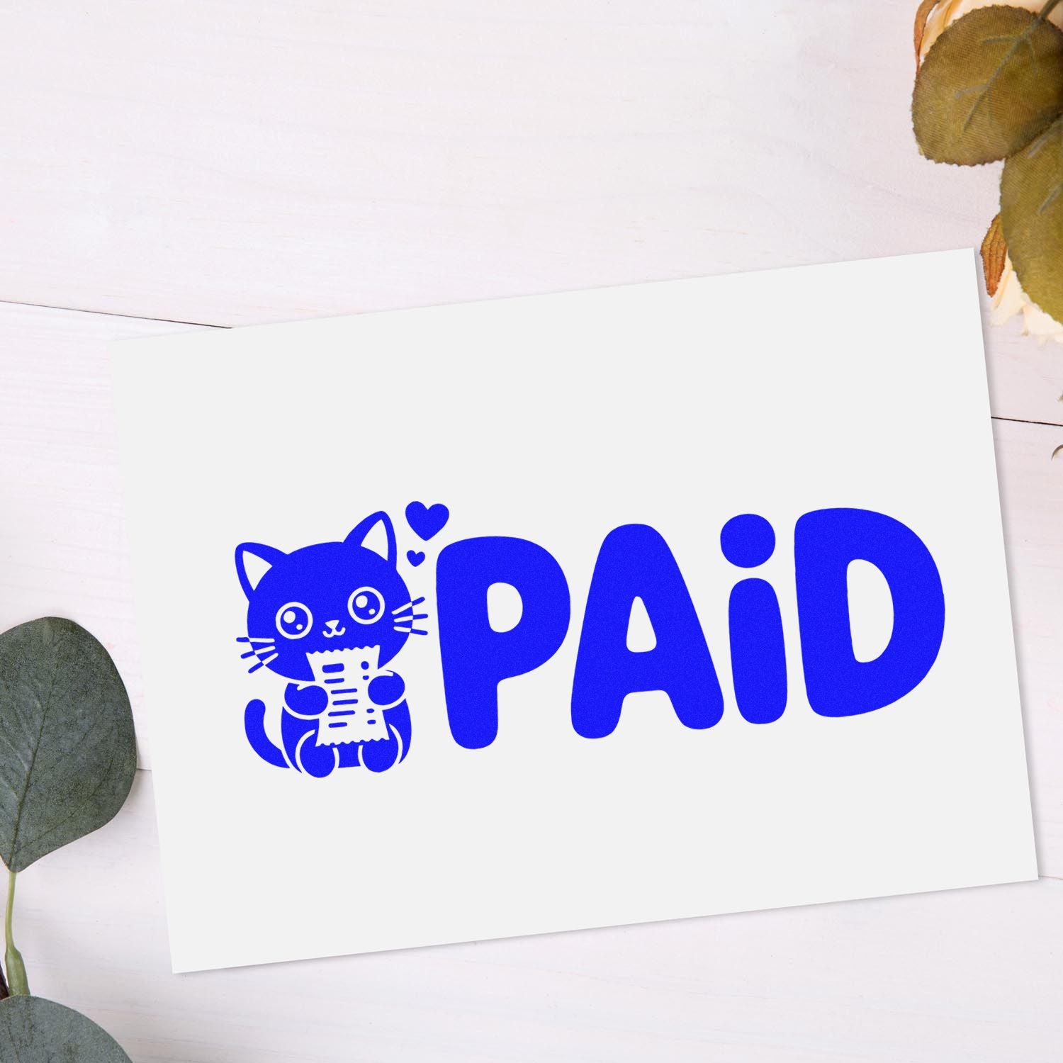 PAID rubber stamp design with cute cat icon for invoices, receipts, and office paperwork.