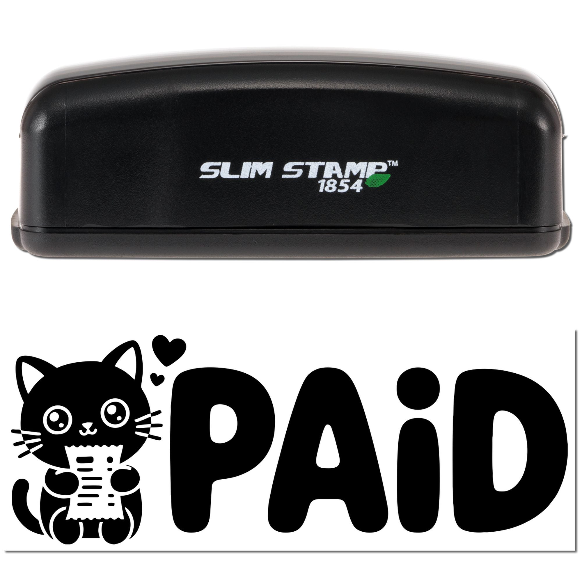 Slim Stamp self-inking rubber stamp with cat holding receipt and bold PAID imprint for invoices and billing.