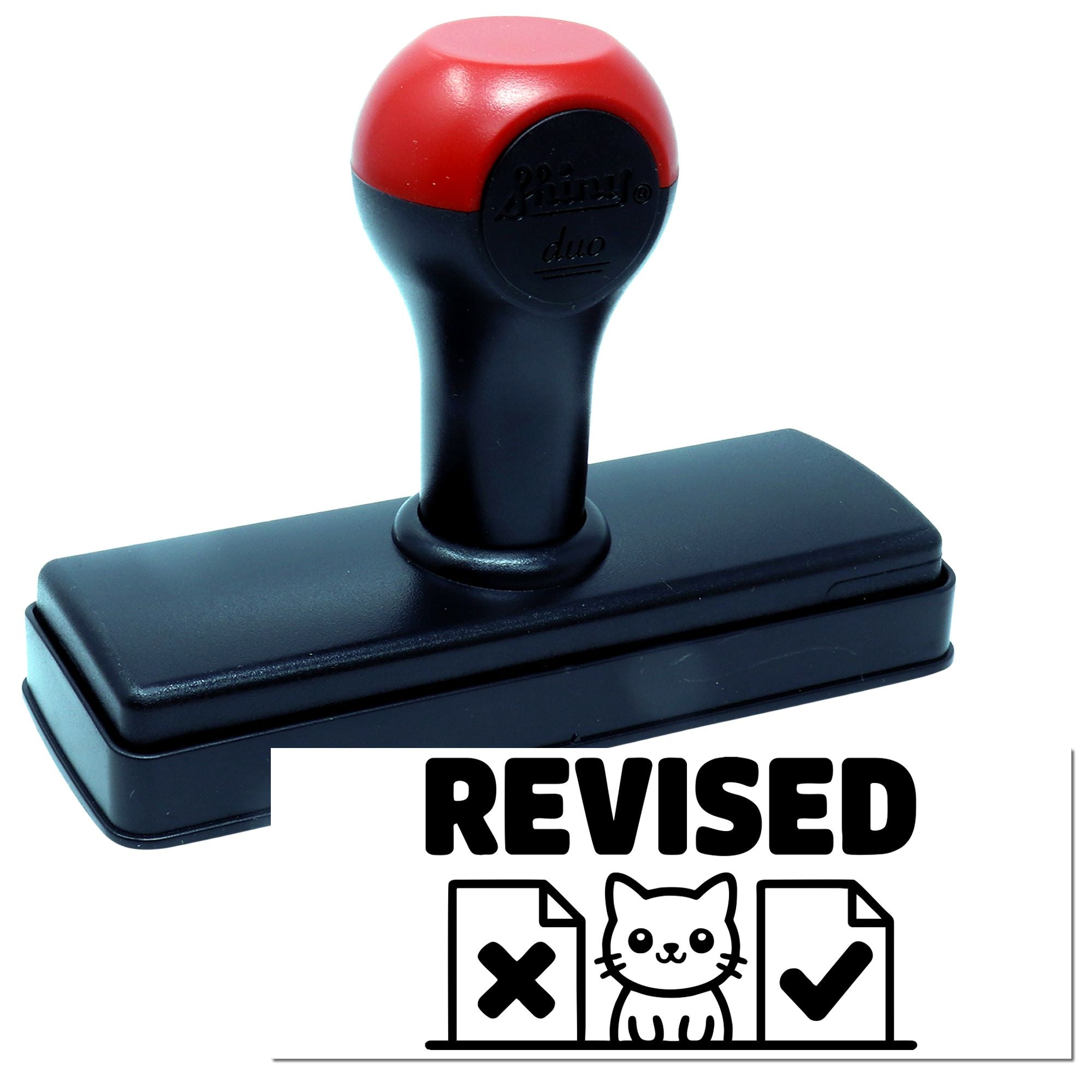 Revised self-inking rubber stamp with cat checkmark design for document approval and marking files
