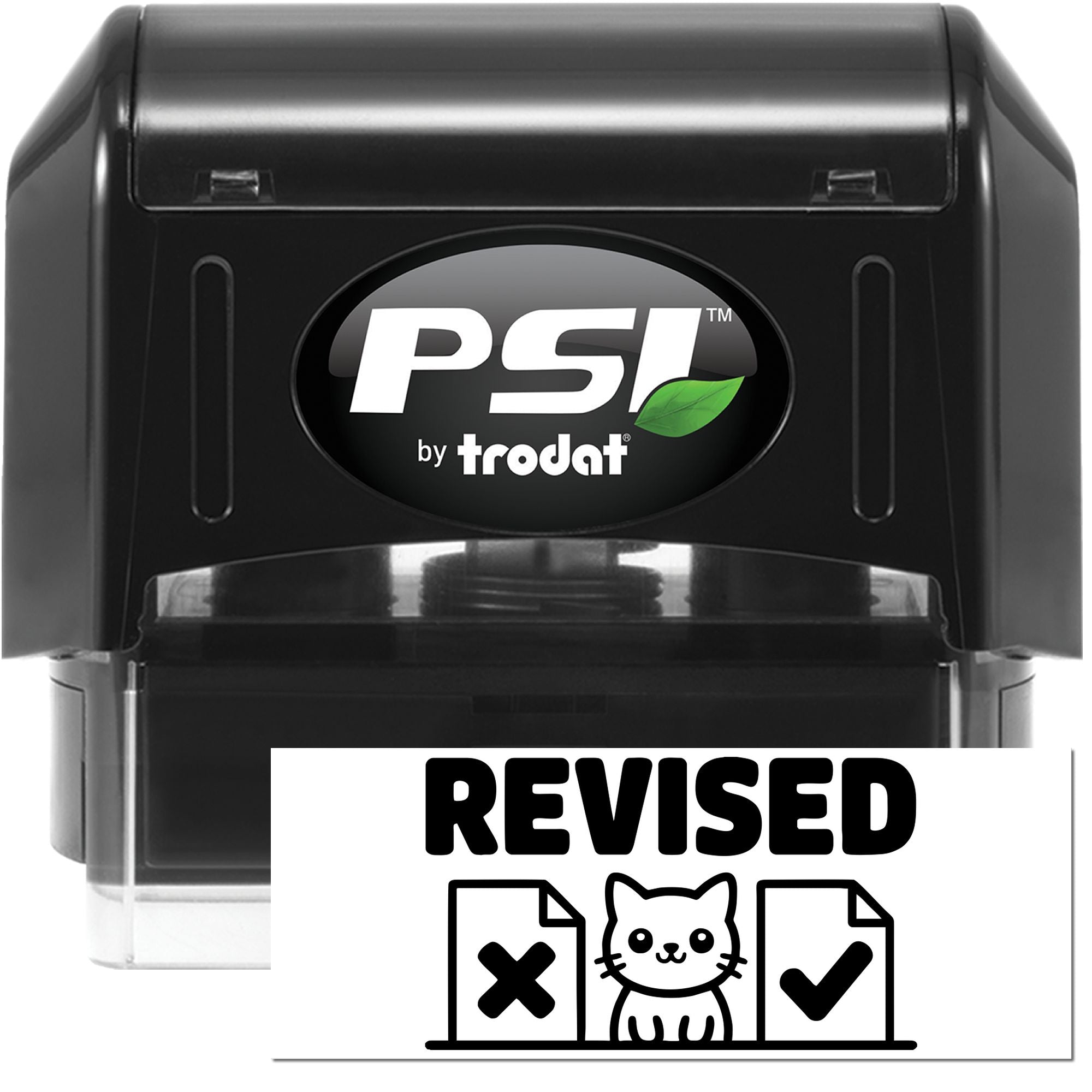 PSI by Trodat revised self-inking rubber stamp for document review, with cat icon, checkmark, and X.
