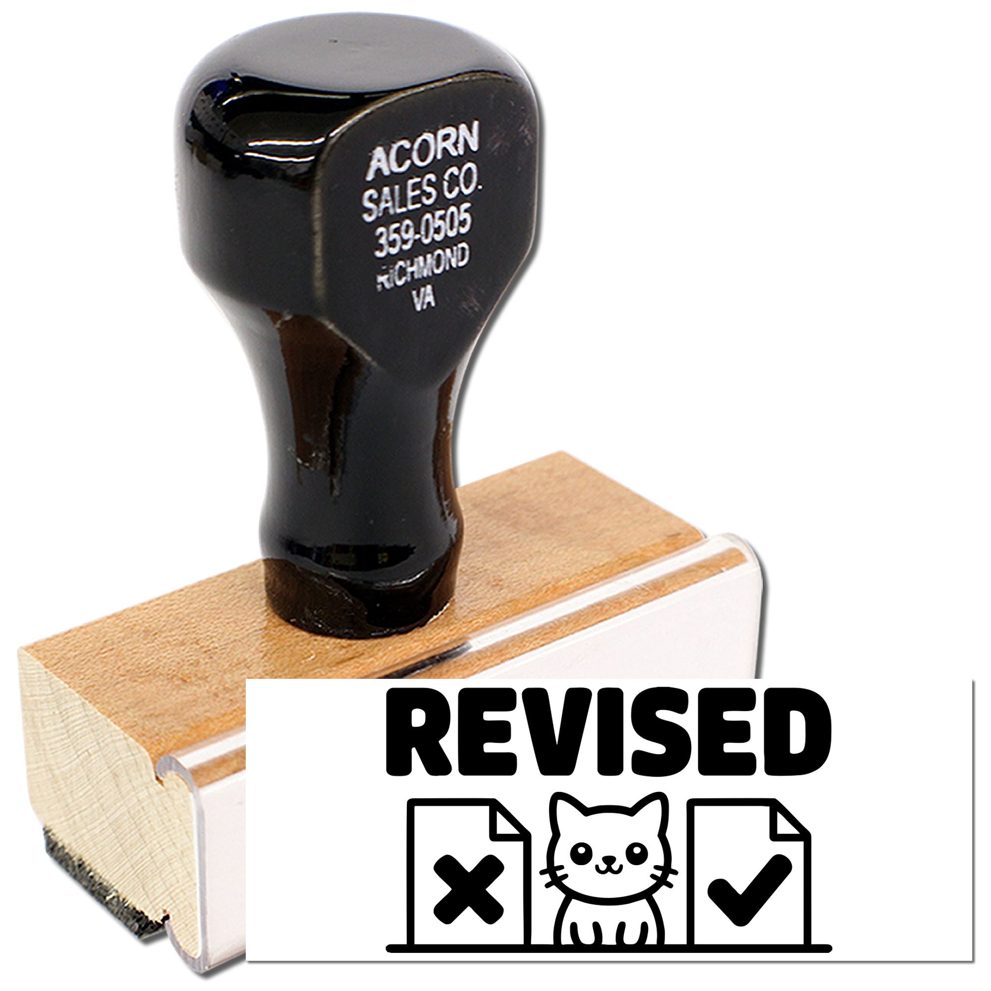 Custom REVISED rubber stamp for office paperwork and document approval on a wooden handle.