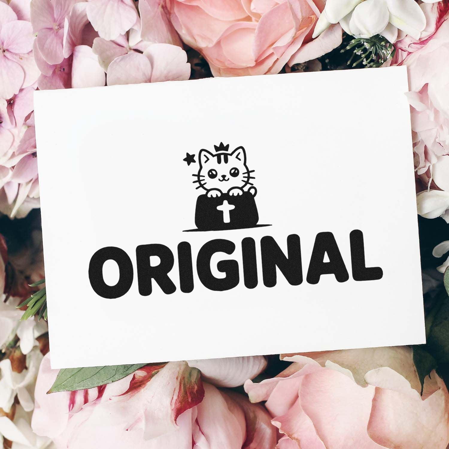 Original cat rubber stamp design with cute kitty in a pot, displayed on a floral background
