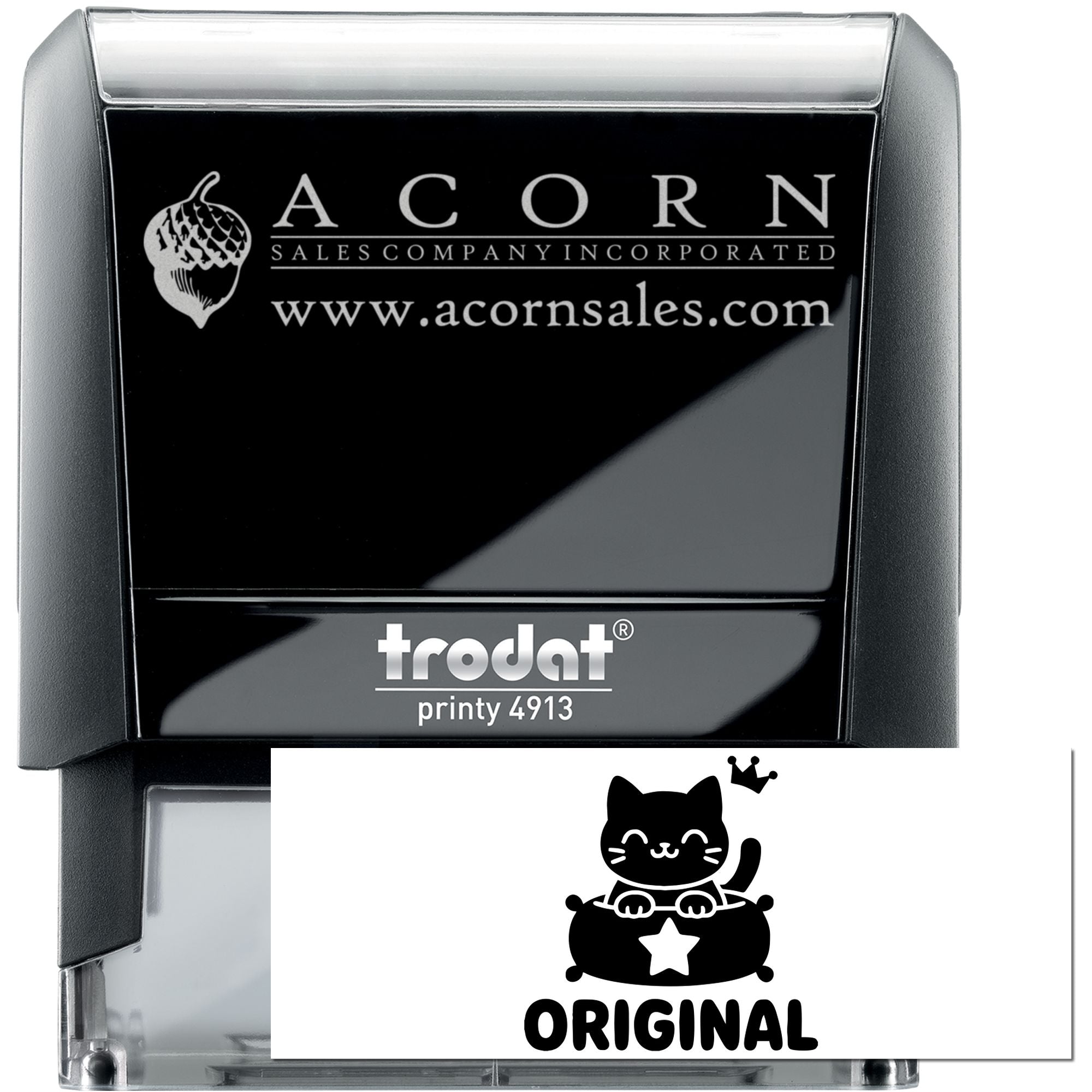 Custom Trodat Printy 4913 rubber stamp with Acorn Sales Company logo and website for business branding.
