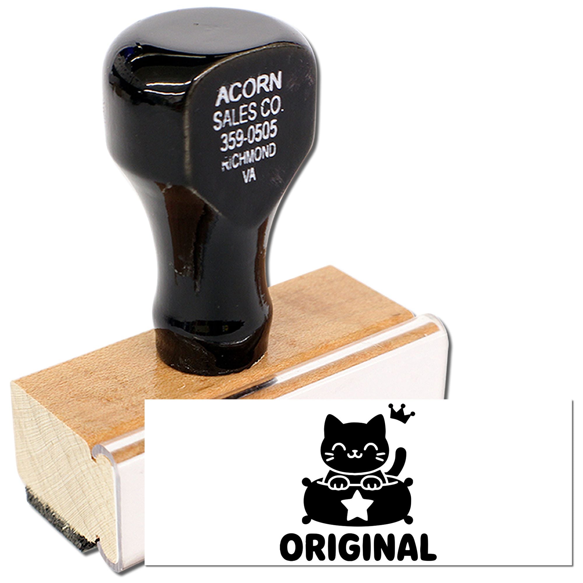 Custom wooden rubber stamp with cat logo and ORIGINAL imprint for branding handmade products and packaging.