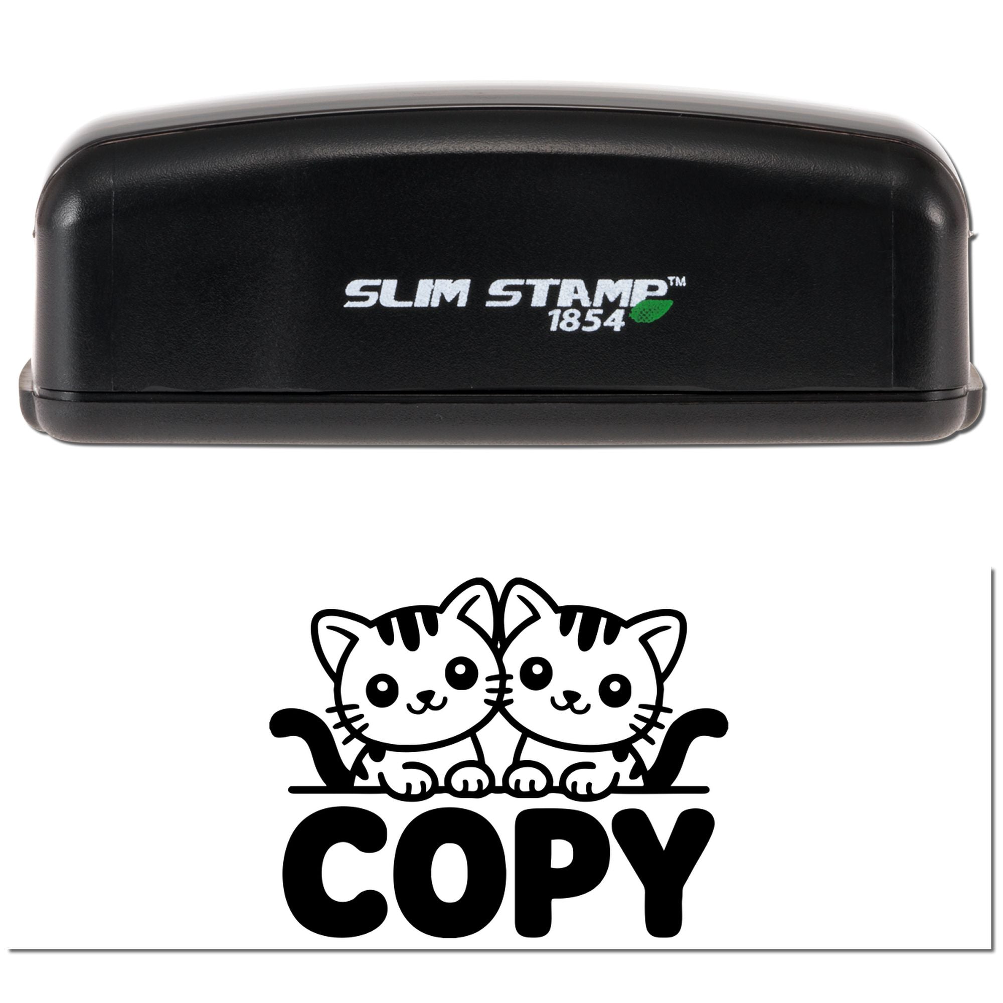 Slim Stamp 1854 self-inking rubber stamp with cute twin cats and COPY imprint for office document marking.