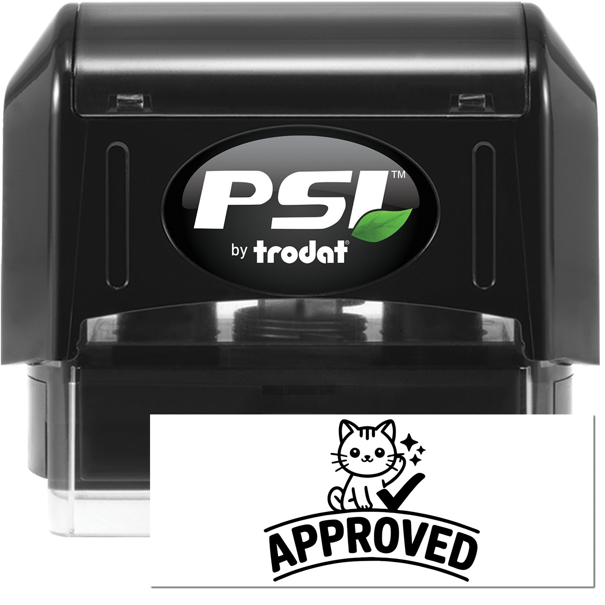 PSI by Trodat self-inking rubber stamp showing a custom Approved cat and checkmark imprint