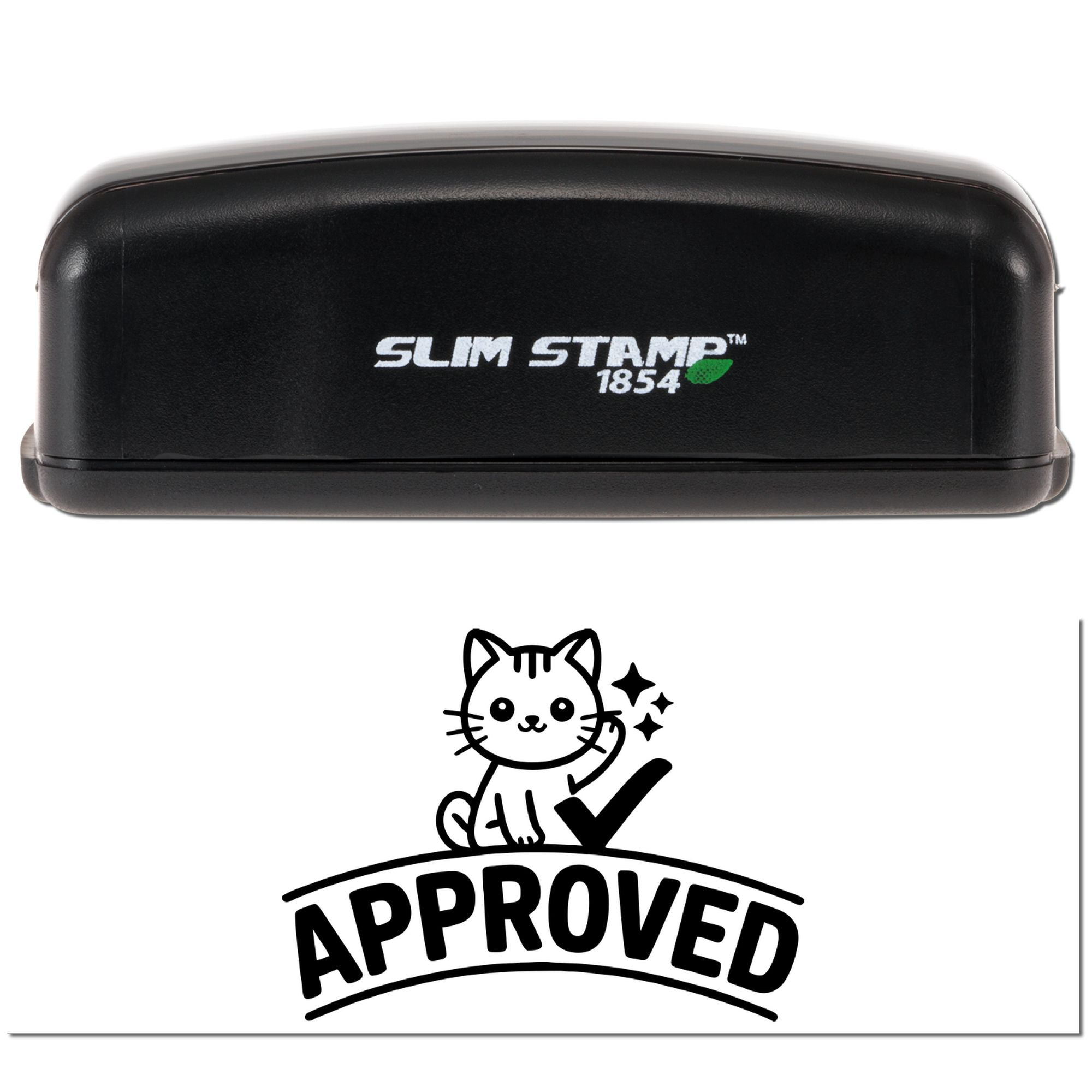 Slim Stamp 1854 self-inking rubber stamp with custom Approved cat design for document approval marking.
