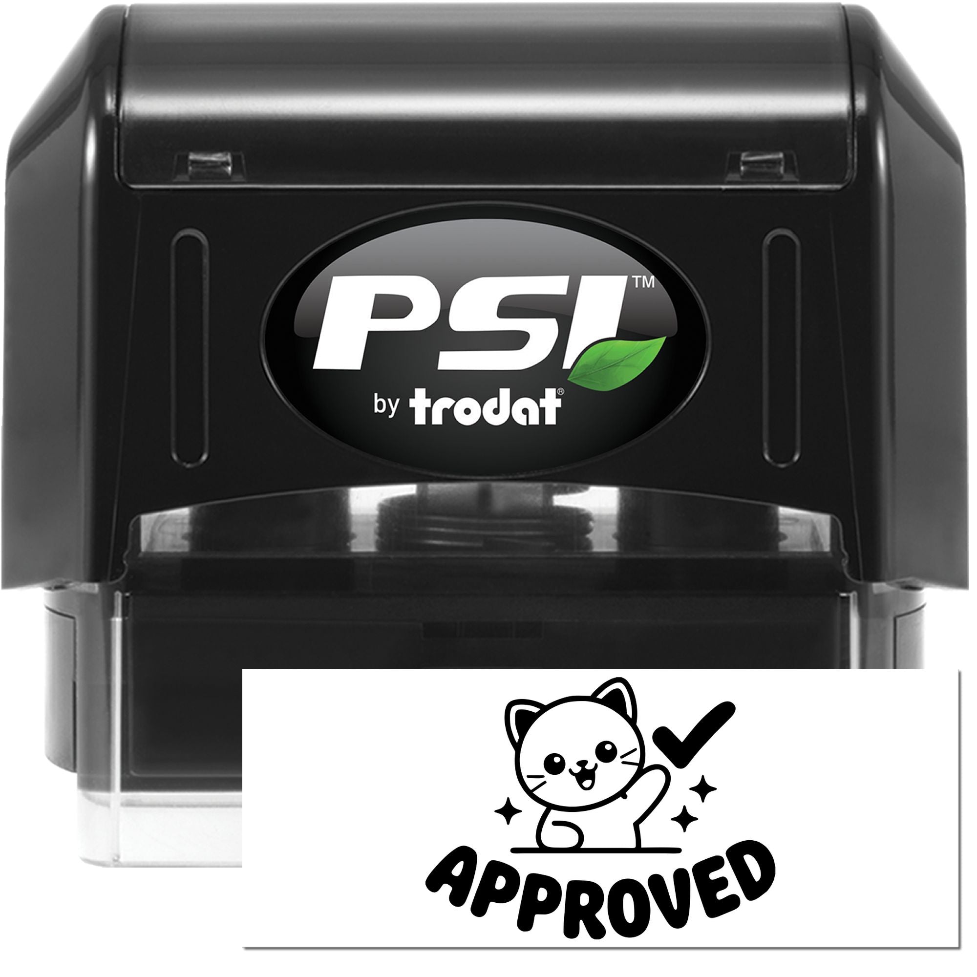 PSI by Trodat self-inking rubber stamp with custom Approved cat design for office use.