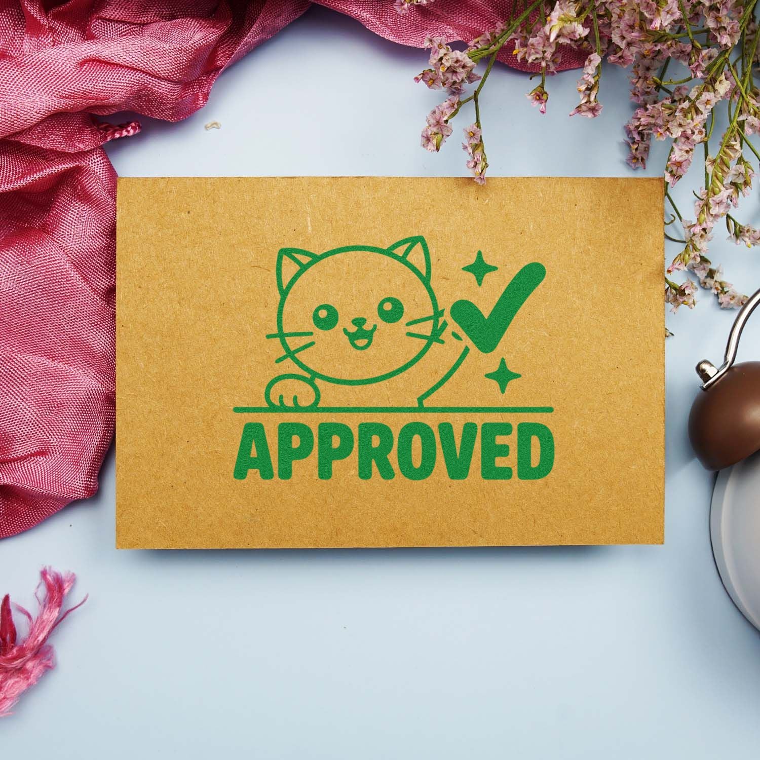 Approved cat rubber stamp with checkmark on kraft paper, ideal for custom approval rubber stamps and stationery branding.