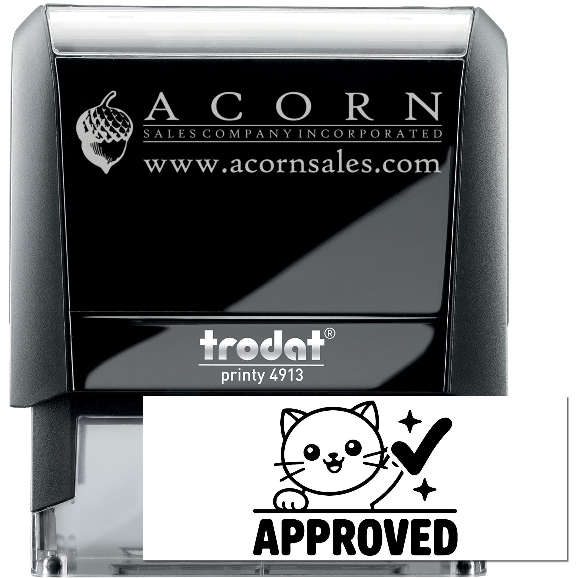 Custom self-inking Trodat Printy 4913 rubber stamp with Acorn Sales logo and approved cat design.