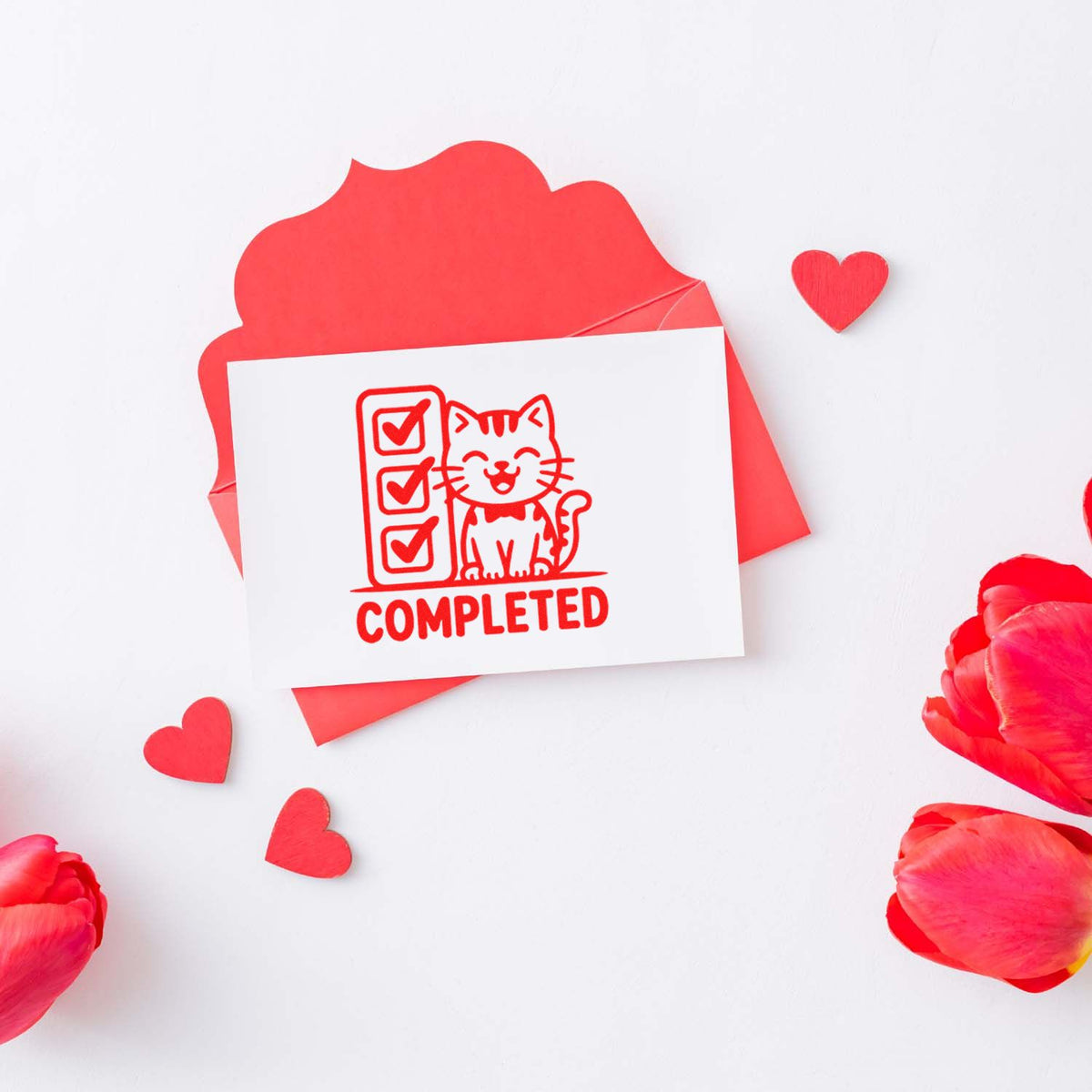 Cat completed rubber stamp with checklist design, perfect for Valentines gifts and packaging