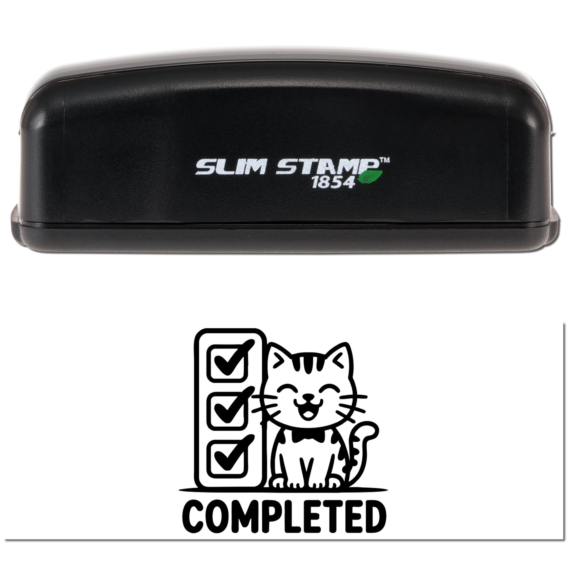 Slim Stamp 1854 custom rubber stamp with completed cat checklist design for marking tasks finished