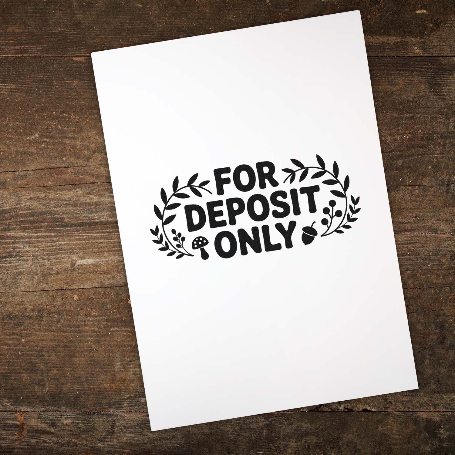 For deposit only rubber stamp design with botanical wreath for business check endorsement and bank deposits.