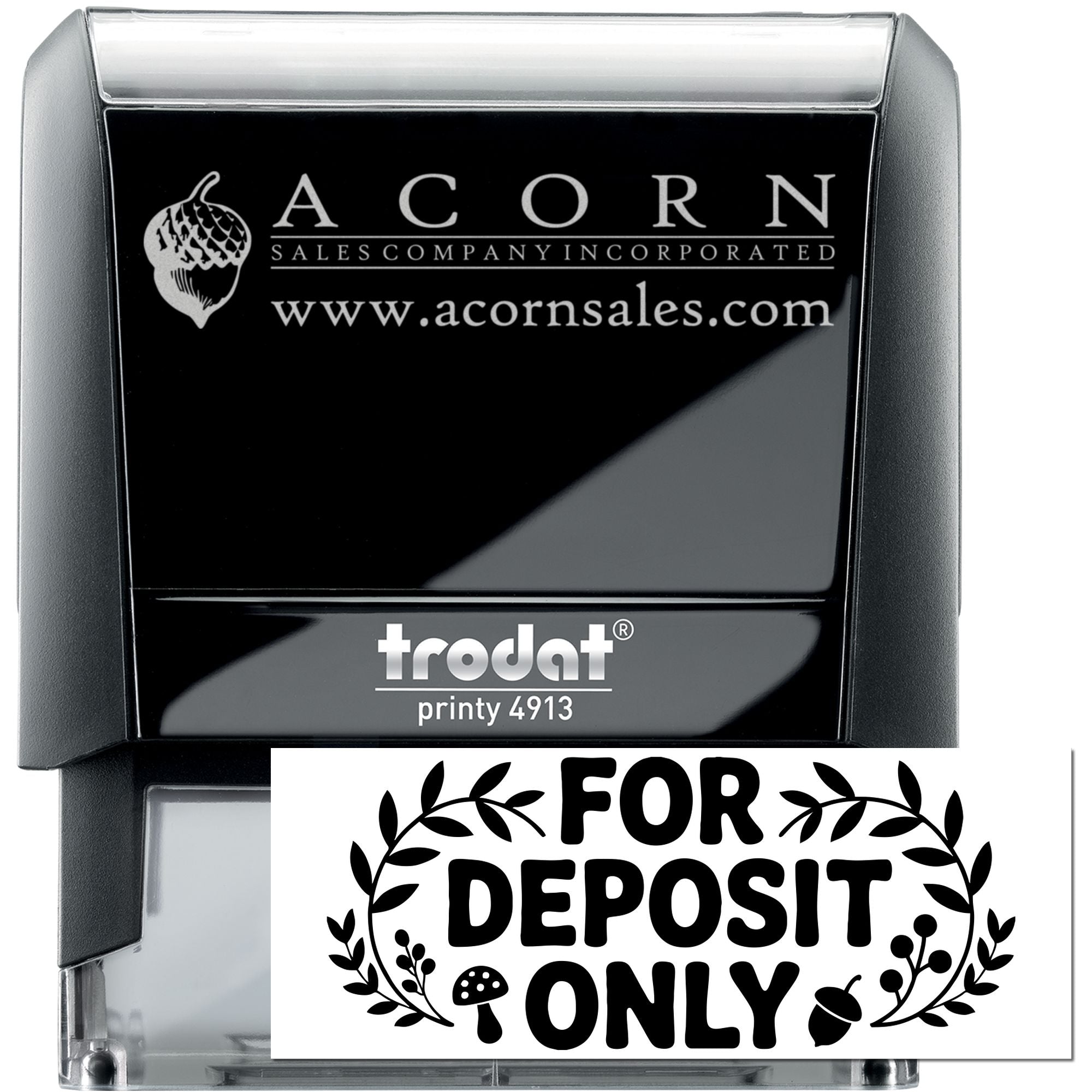 Custom Trodat Printy 4913 rubber stamp for Acorn Sales, featuring logo, website, and For Deposit Only imprint.