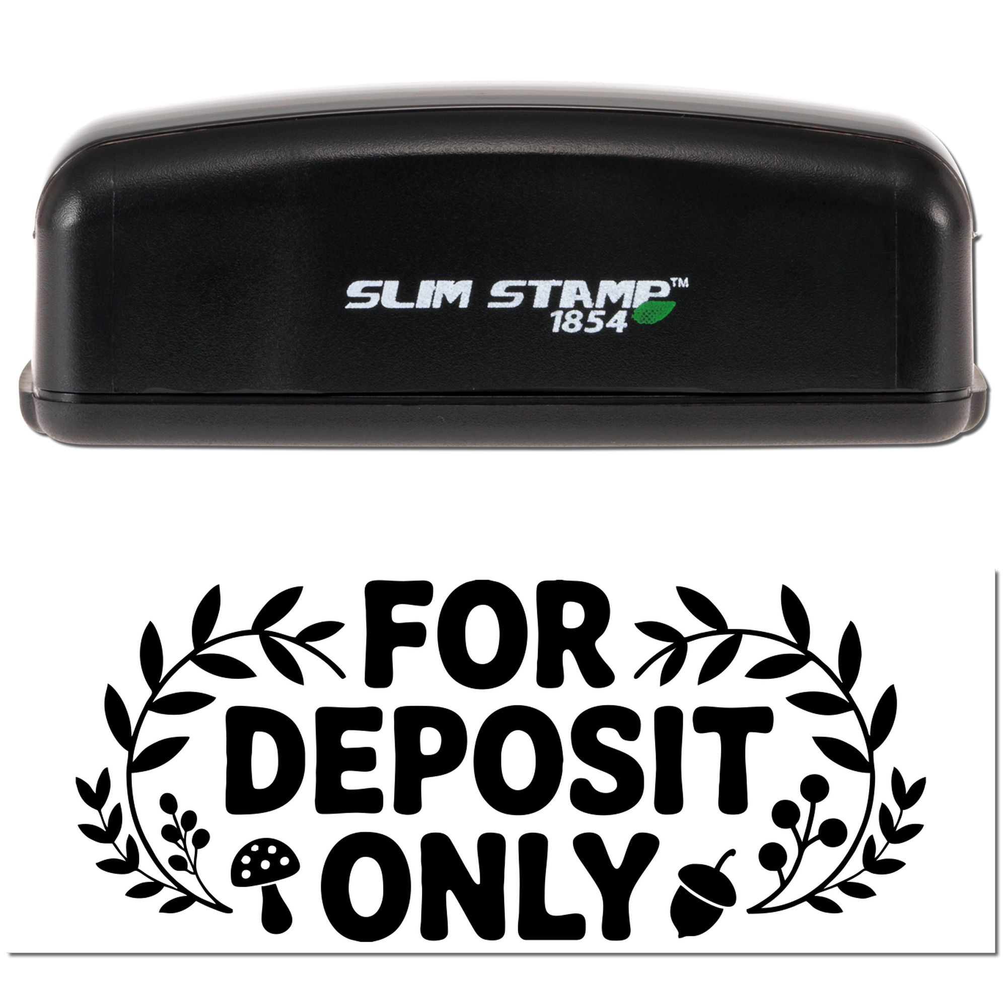 Slim Stamp 1854 custom rubber stamp with For Deposit Only design and decorative leaf border for bank deposit endorsements.