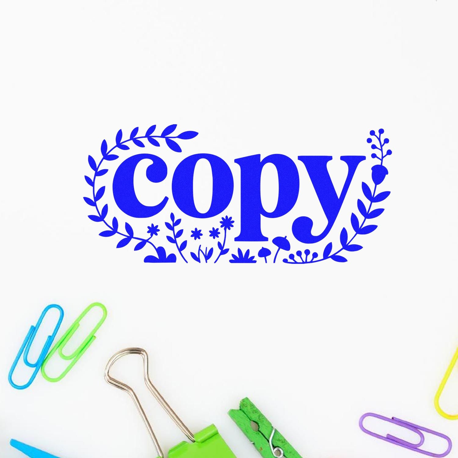 Floral copy rubber stamp design for office documents, with bold blue lettering for duplicate or filing use.
