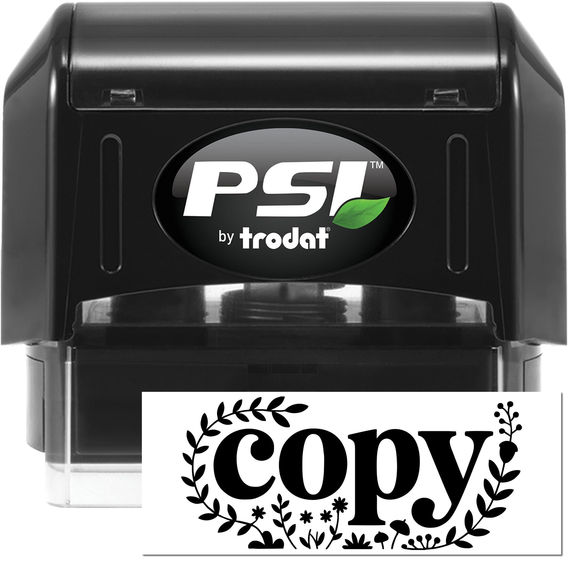 PSI by Trodat self-inking rubber stamp showing custom copy floral logo imprint