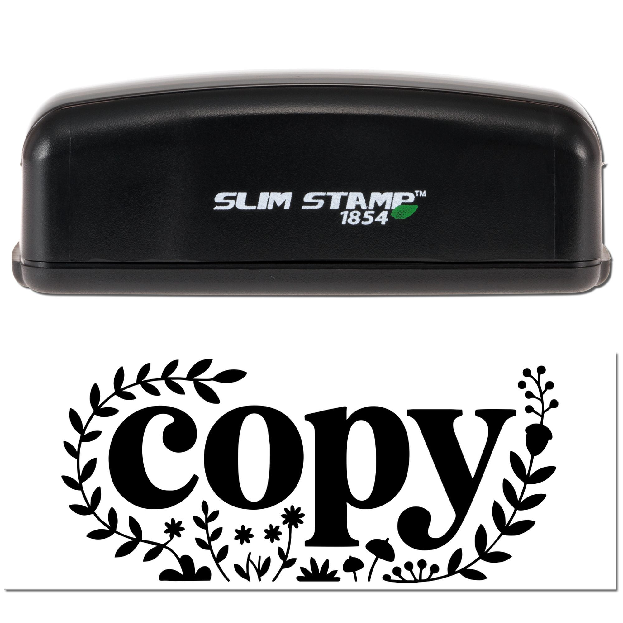 Slim Stamp 1854 self-inking rubber stamp with decorative copy imprint for office documents