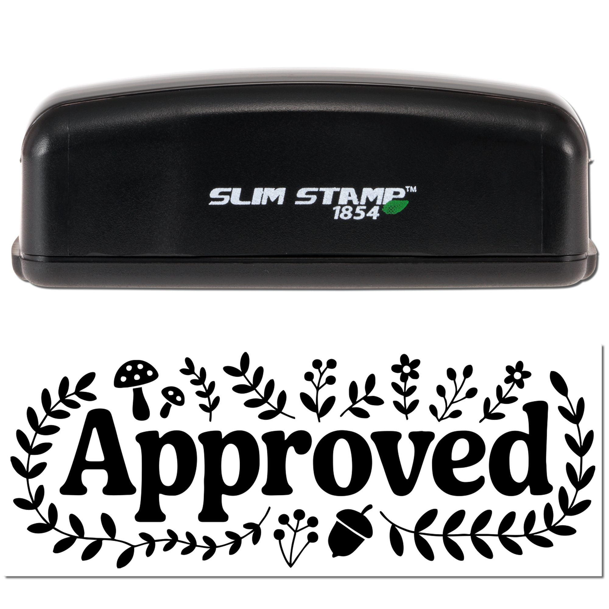 Slim Stamp 1854 self-inking rubber stamp with floral Approved impression for office or craft use