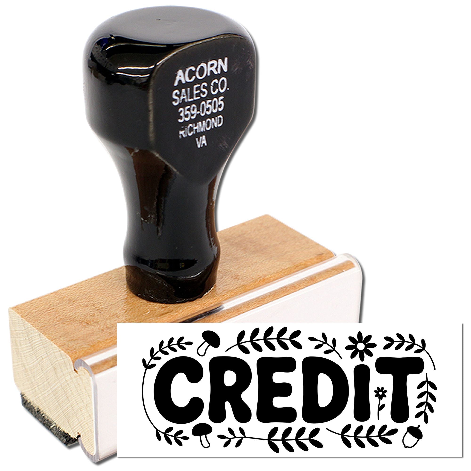 Custom credit rubber stamp with floral design and wooden handle for business invoicing and bookkeeping.