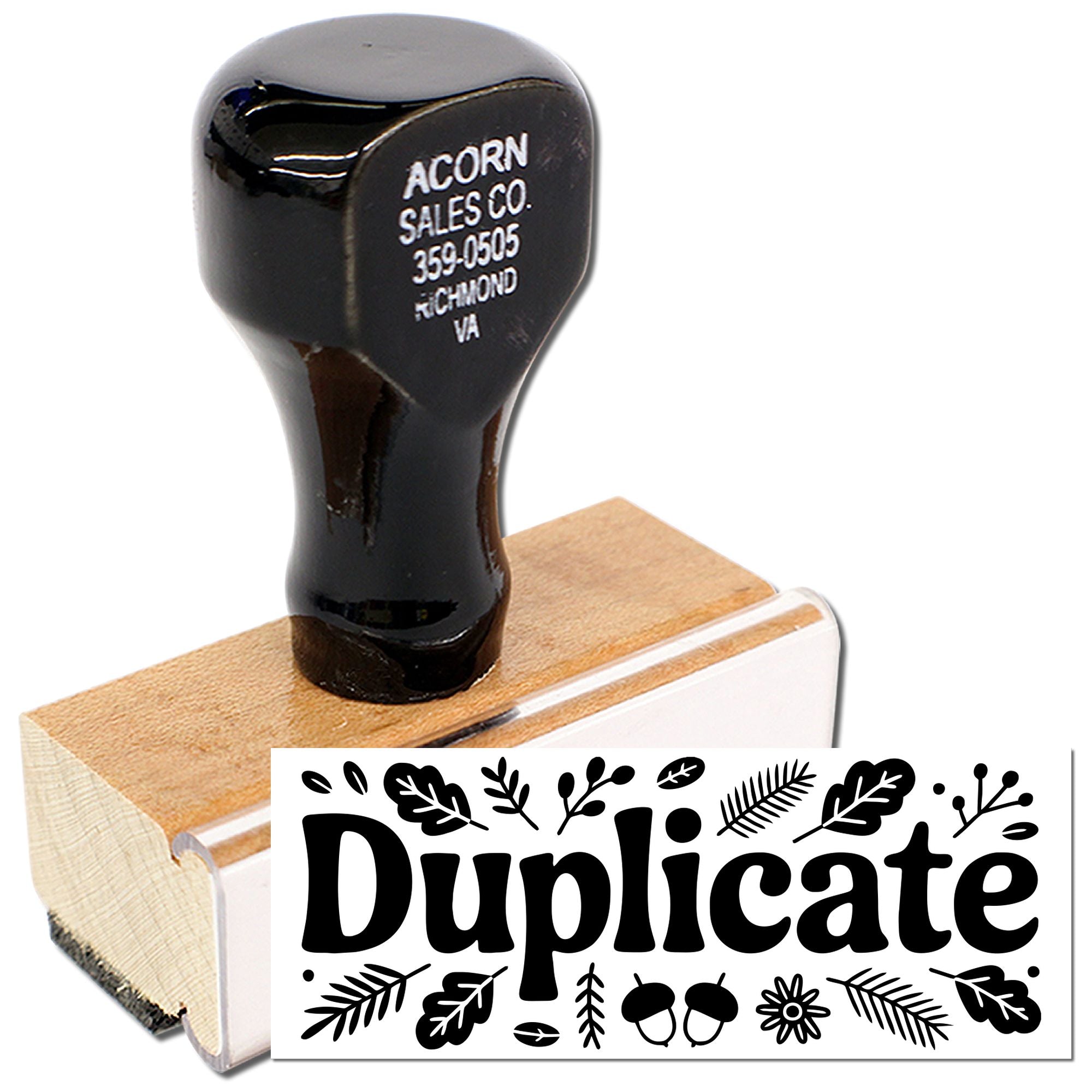 Custom duplicate rubber stamp with wood handle and decorative botanical design for business paperwork