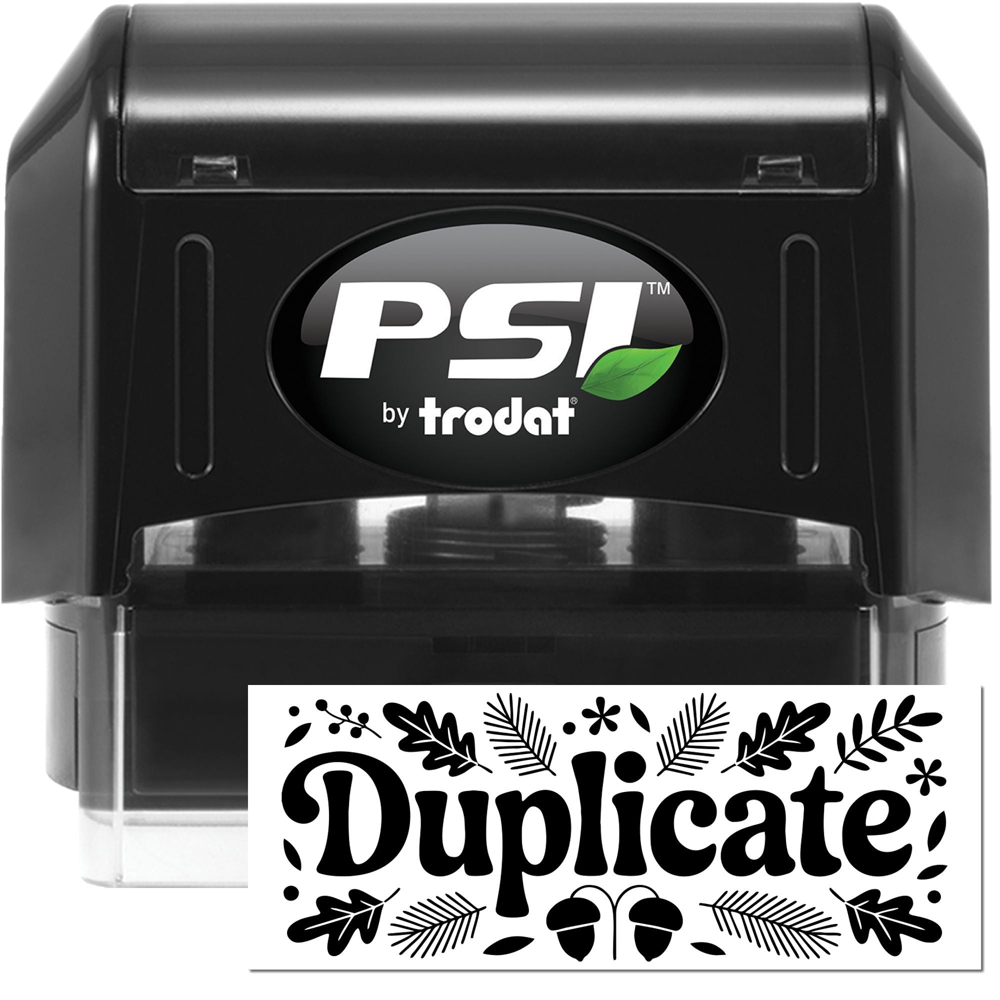 PSI by Trodat self-inking duplicate rubber stamp with decorative leaves for marking copied documents.