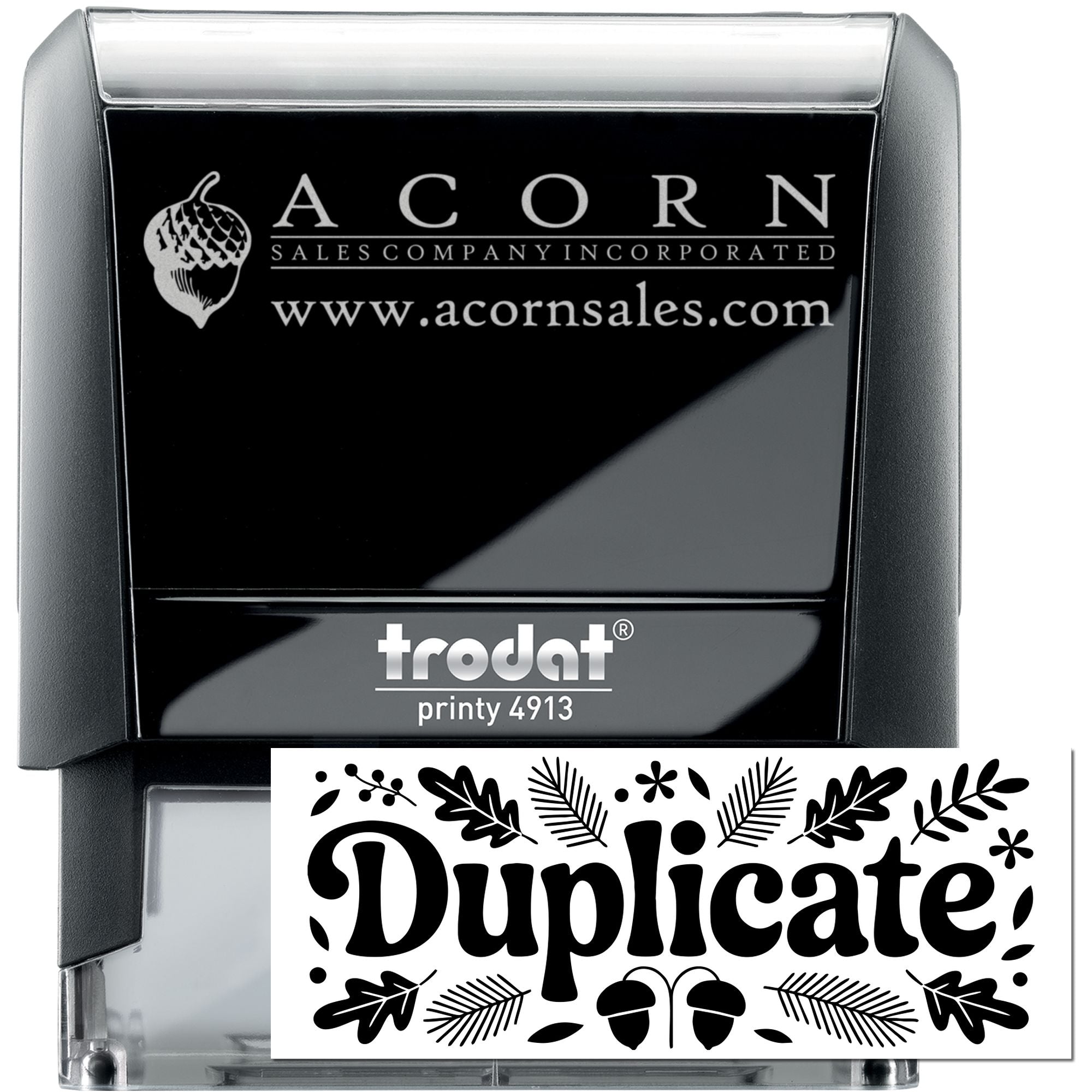 Custom self-inking rubber stamp for Acorn Sales Company Incorporated with logo, website and duplicate imprint design.