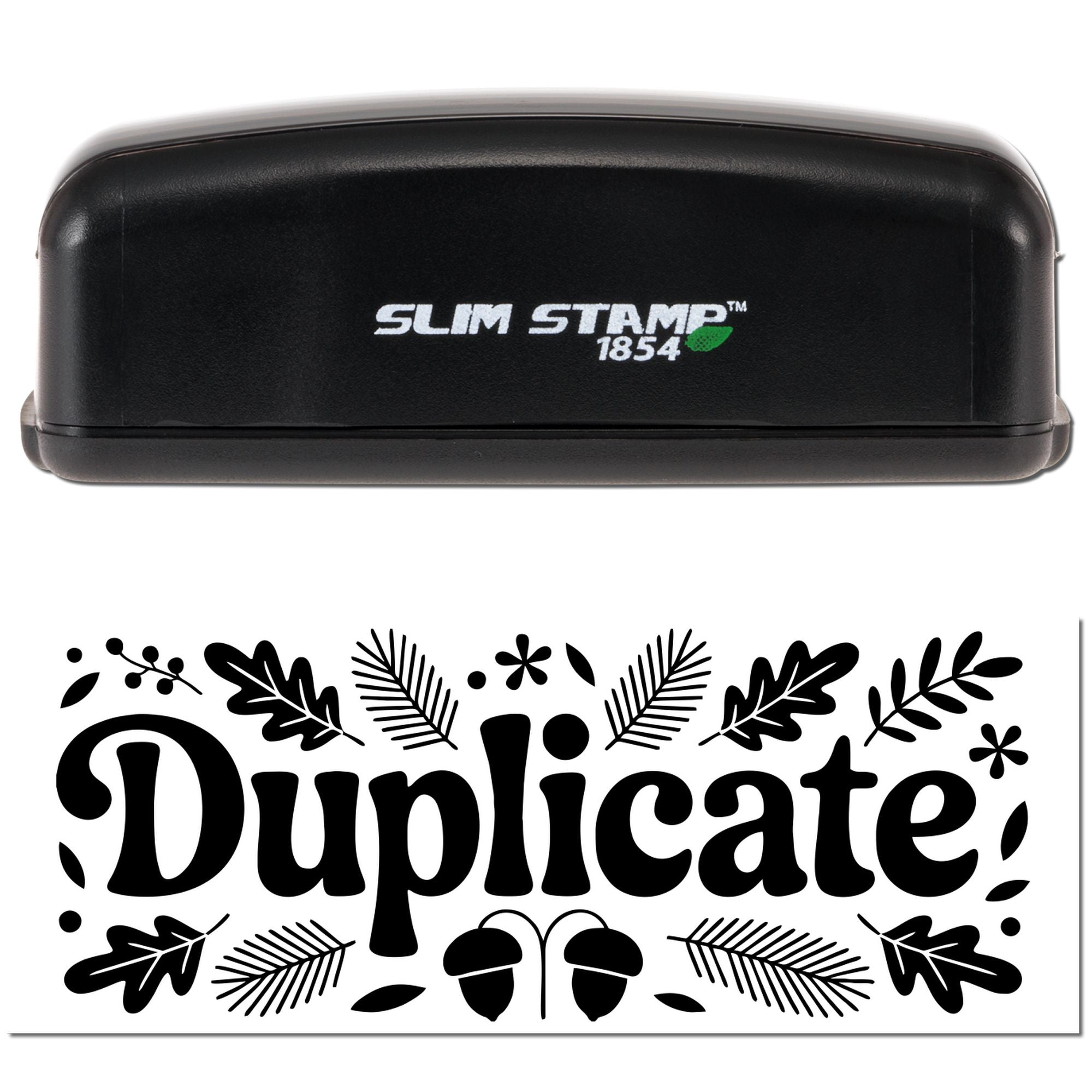 Slim Stamp 1854 self-inking rubber stamp with Duplicate floral design for marking office documents.