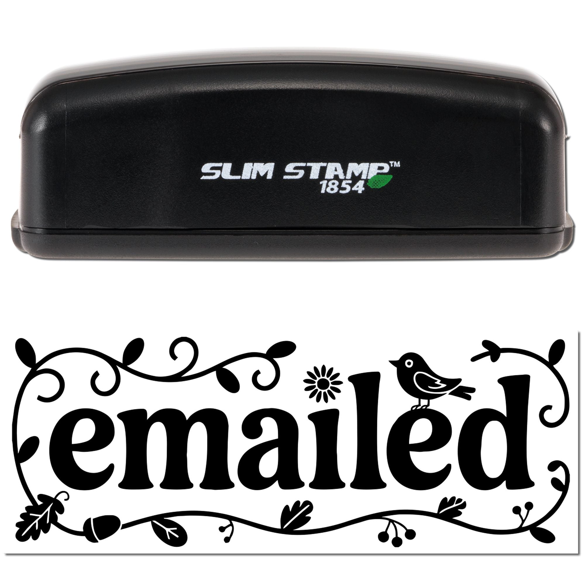 Slim Stamp 1854 rubber stamp with decorative emailed imprint for office document marking and mail processing.